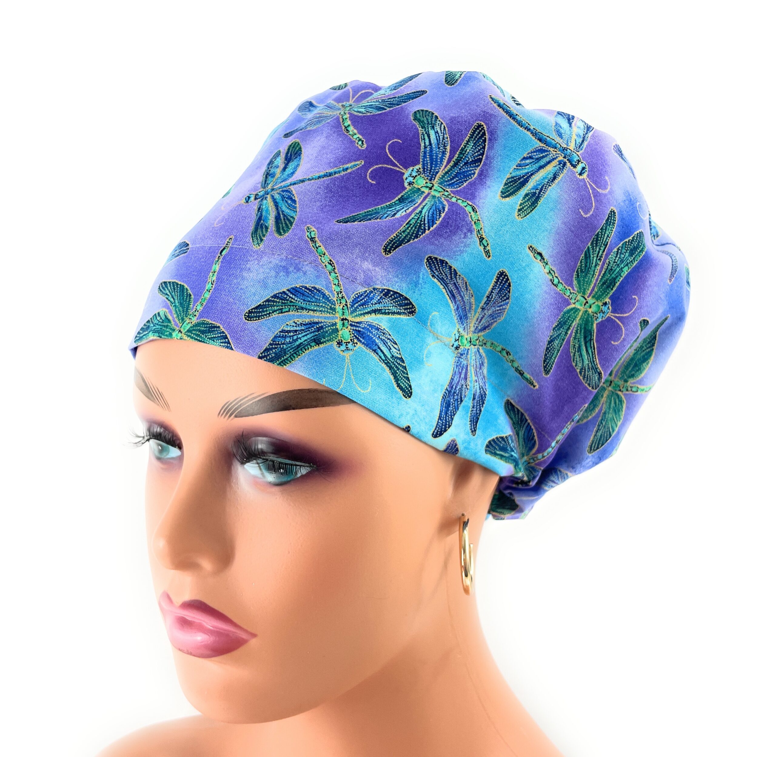 European Style Scrub Cap – (Grosgrain Ribbon) - Hi Fashion Flying Dragonflies on Blue Novelty Metallic Cotton Fabric - Image 9