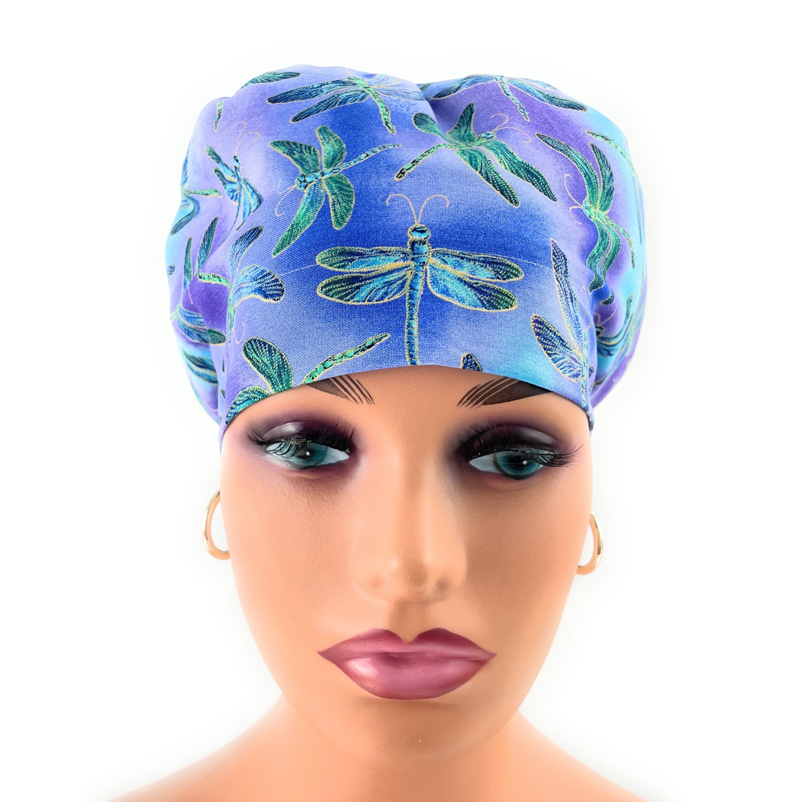 European Style Scrub Cap – (Grosgrain Ribbon) - Hi Fashion Flying Dragonflies on Blue Novelty Metallic Cotton Fabric - Image 2