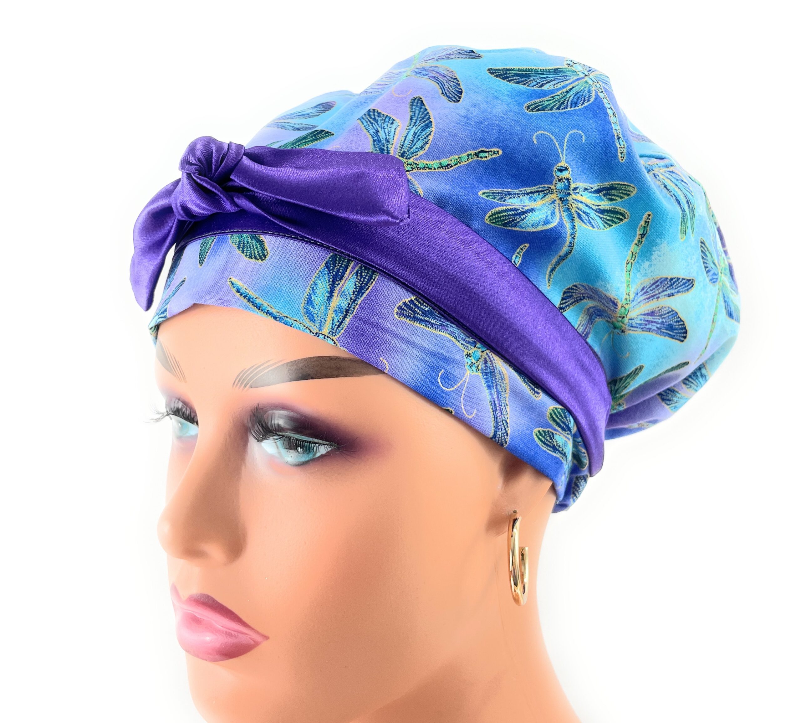 European Style Scrub Cap – (Sateen Ribbon) - Hi Fashion Flying Dragonflies on Blue Novelty Metallic Cotton Fabric - Image 7