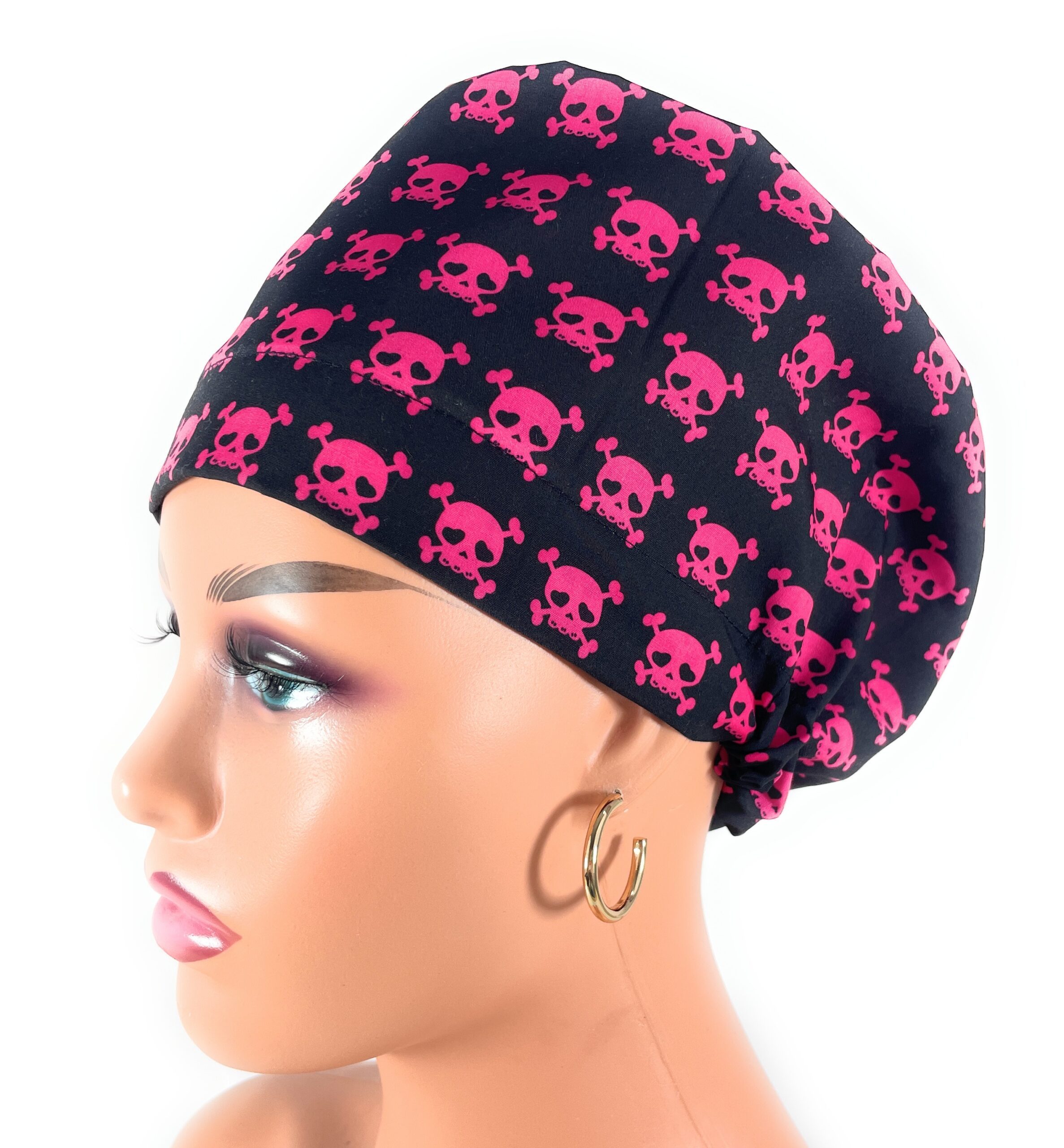 European Style Scrub Cap – (Grosgrain Ribbon) - (No Ribbon) - Hot Pink Little Skulls - Image 13