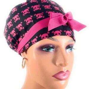 European Style Scrub Cap – (Grosgrain Ribbon) - (No Ribbon) - Hot Pink Little Skulls