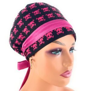 European Style Scrub Cap – (Sateen Ribbon) (No Ribbon) - Skulls - Hot Pink