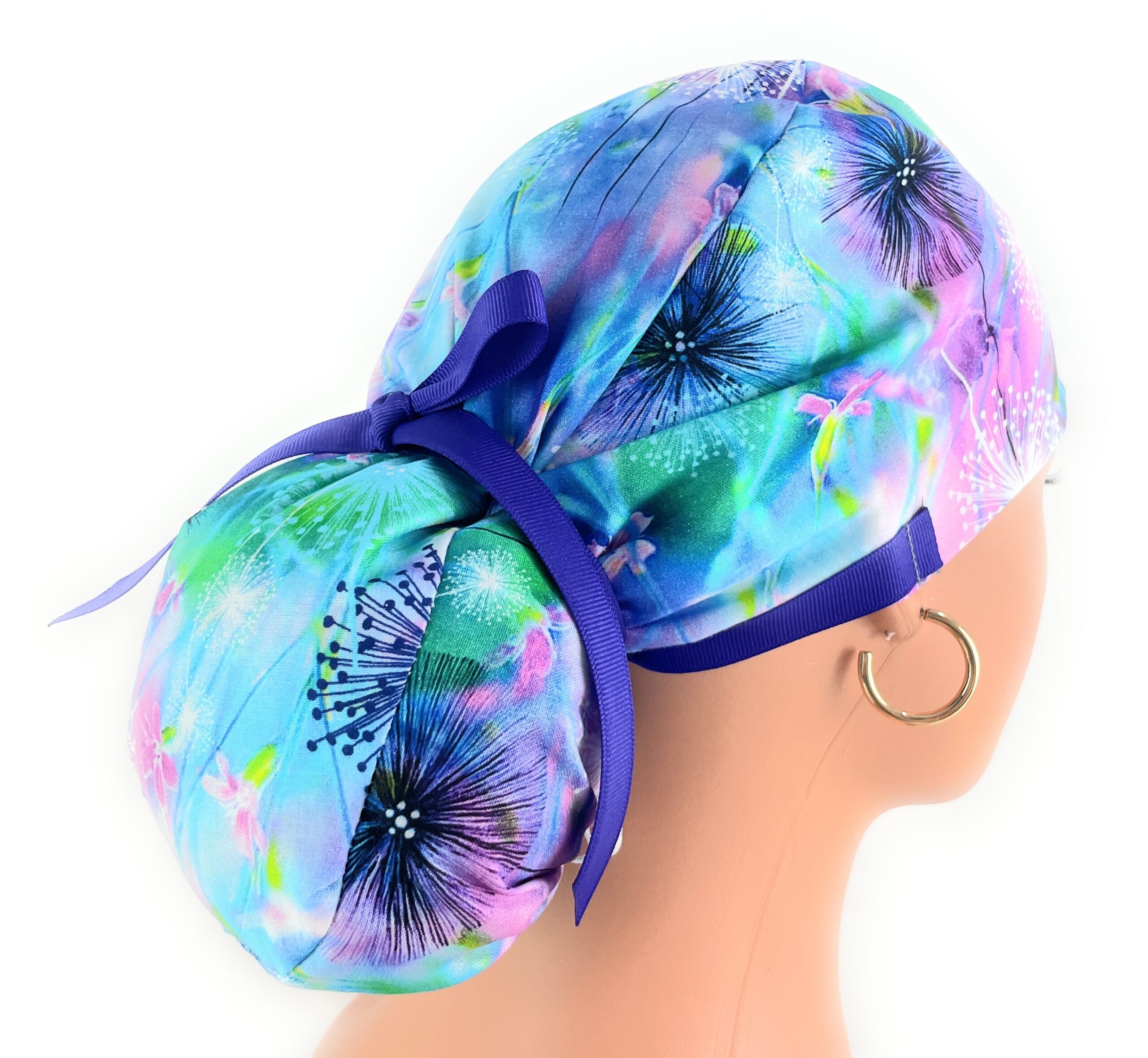 Double Sided Ponytail Medical Scrub Cap - Painted Petals - Image 7