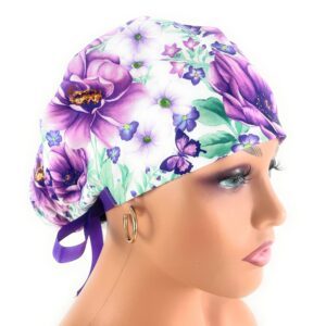 Double Sided Ponytail Medical Scrub Cap - Hi Fashion Dahlias