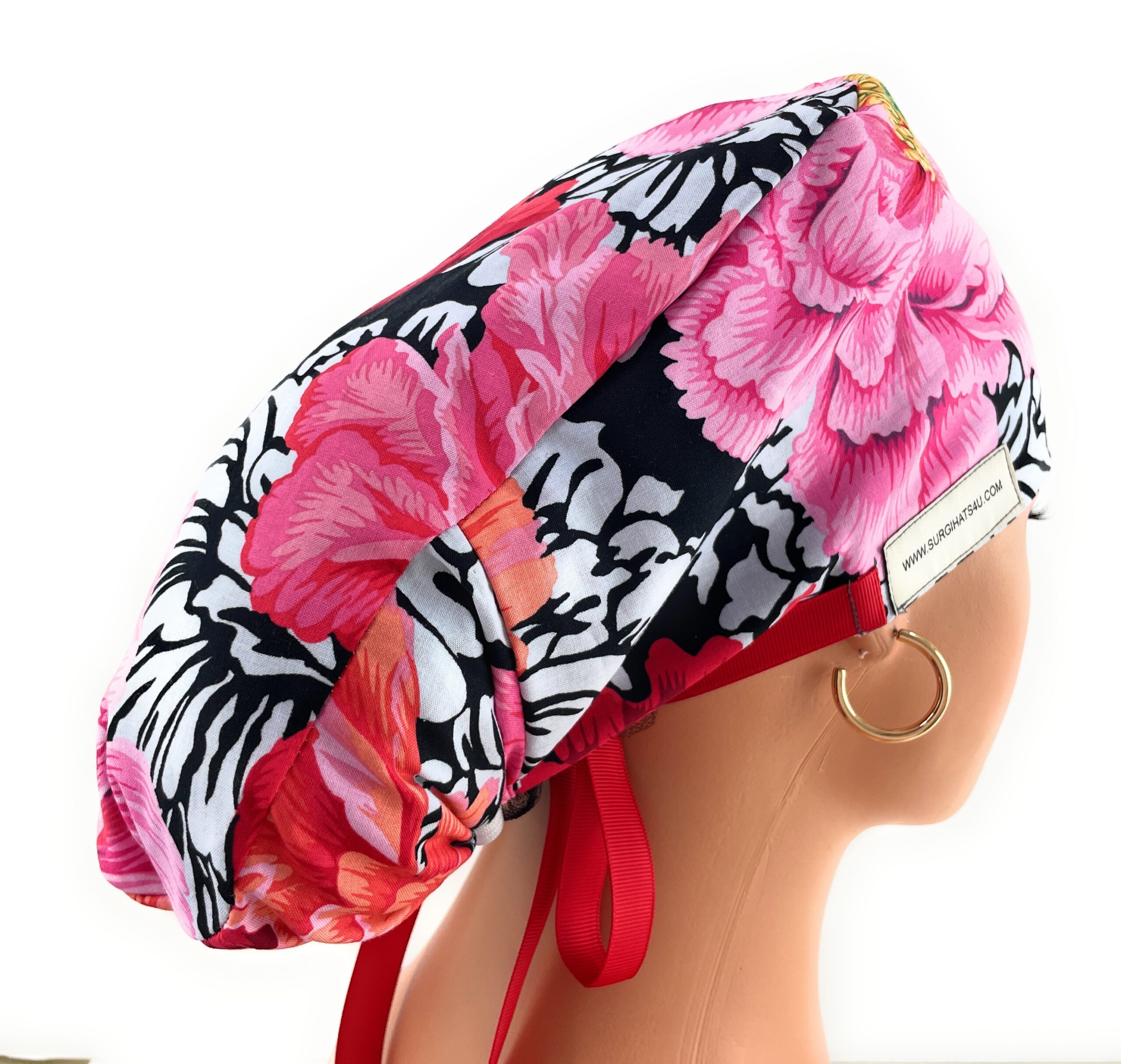 Double Sided Ponytail Medical Scrub Cap - Big Dahlias - Image 7