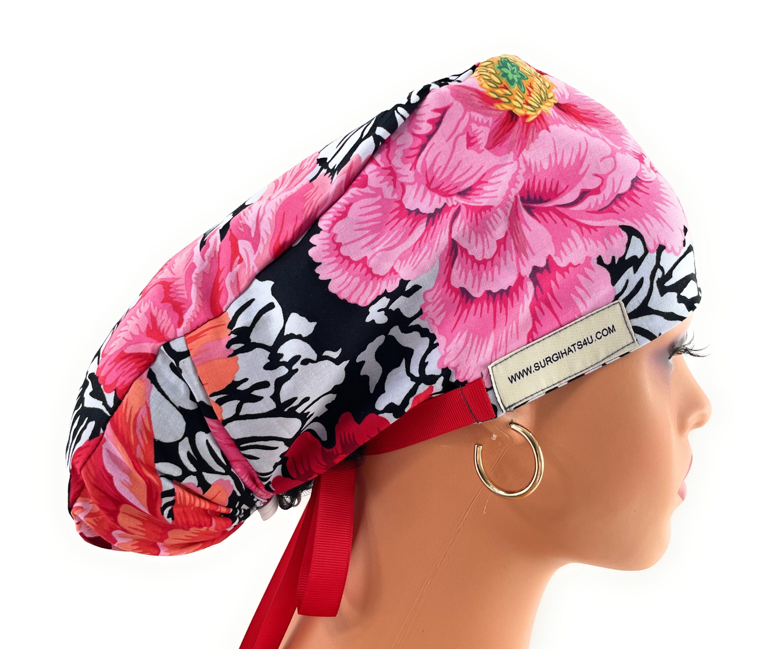 Double Sided Ponytail Medical Scrub Cap - Big Dahlias - Image 8