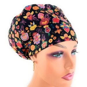 European Style Scrub Cap – (Grosgrain Ribbon) - (No Ribbon) - Día De Los Muertos in Coal