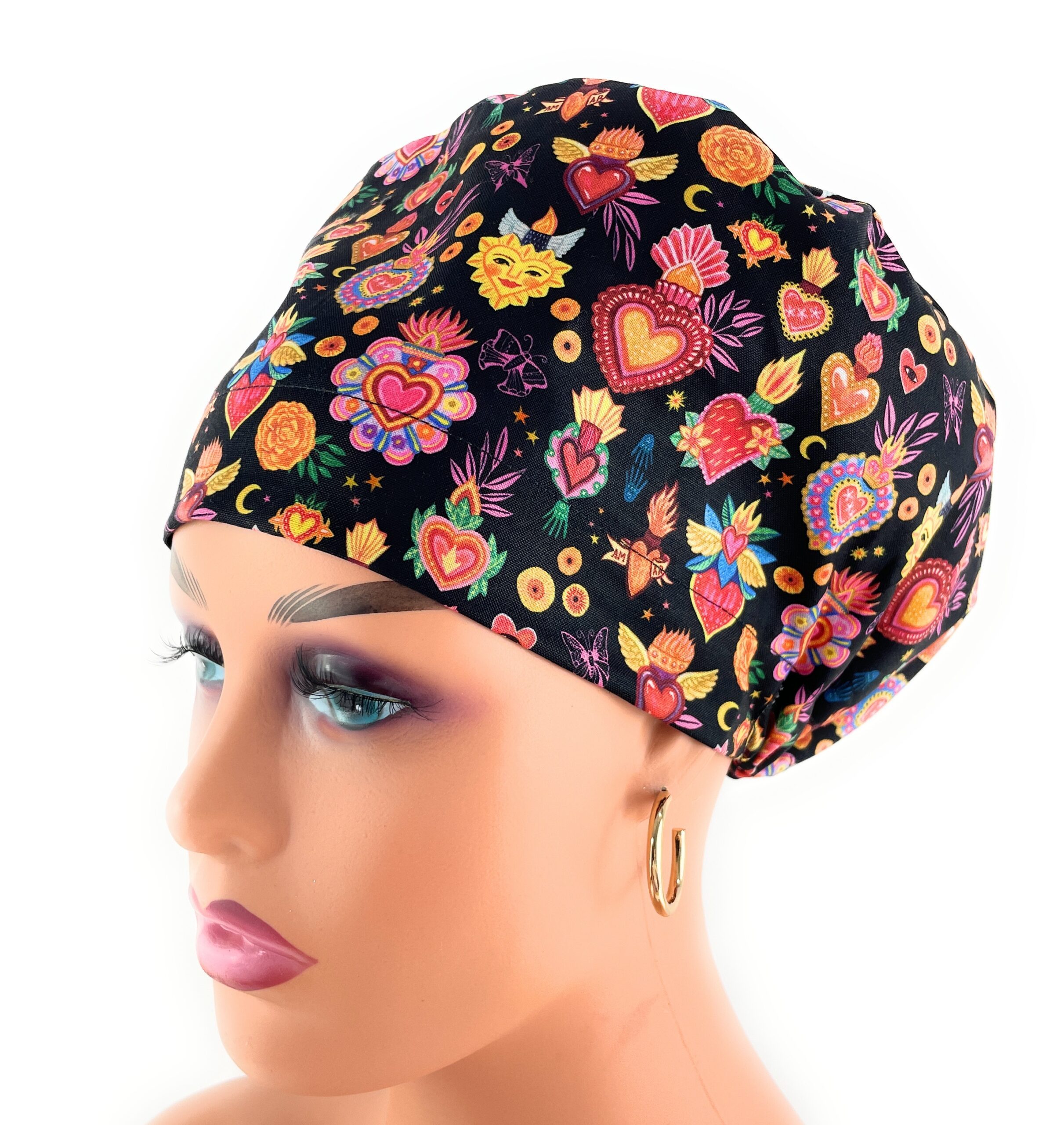 European Style Scrub Cap – (Grosgrain Ribbon) - (No Ribbon) - Día De Los Muertos in Coal - Image 4