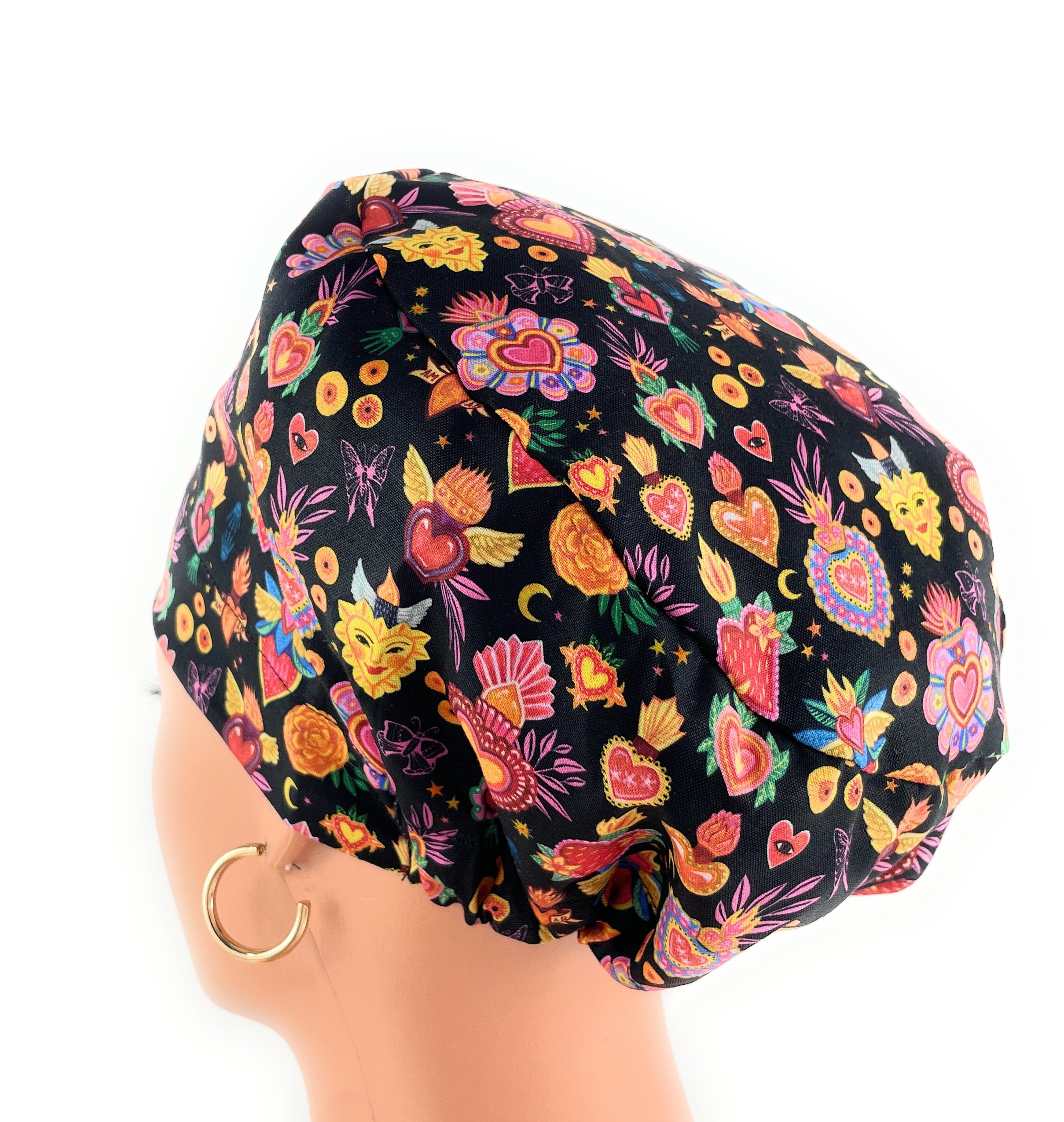 European Style Scrub Cap – (Grosgrain Ribbon) - (No Ribbon) - Día De Los Muertos in Coal - Image 8