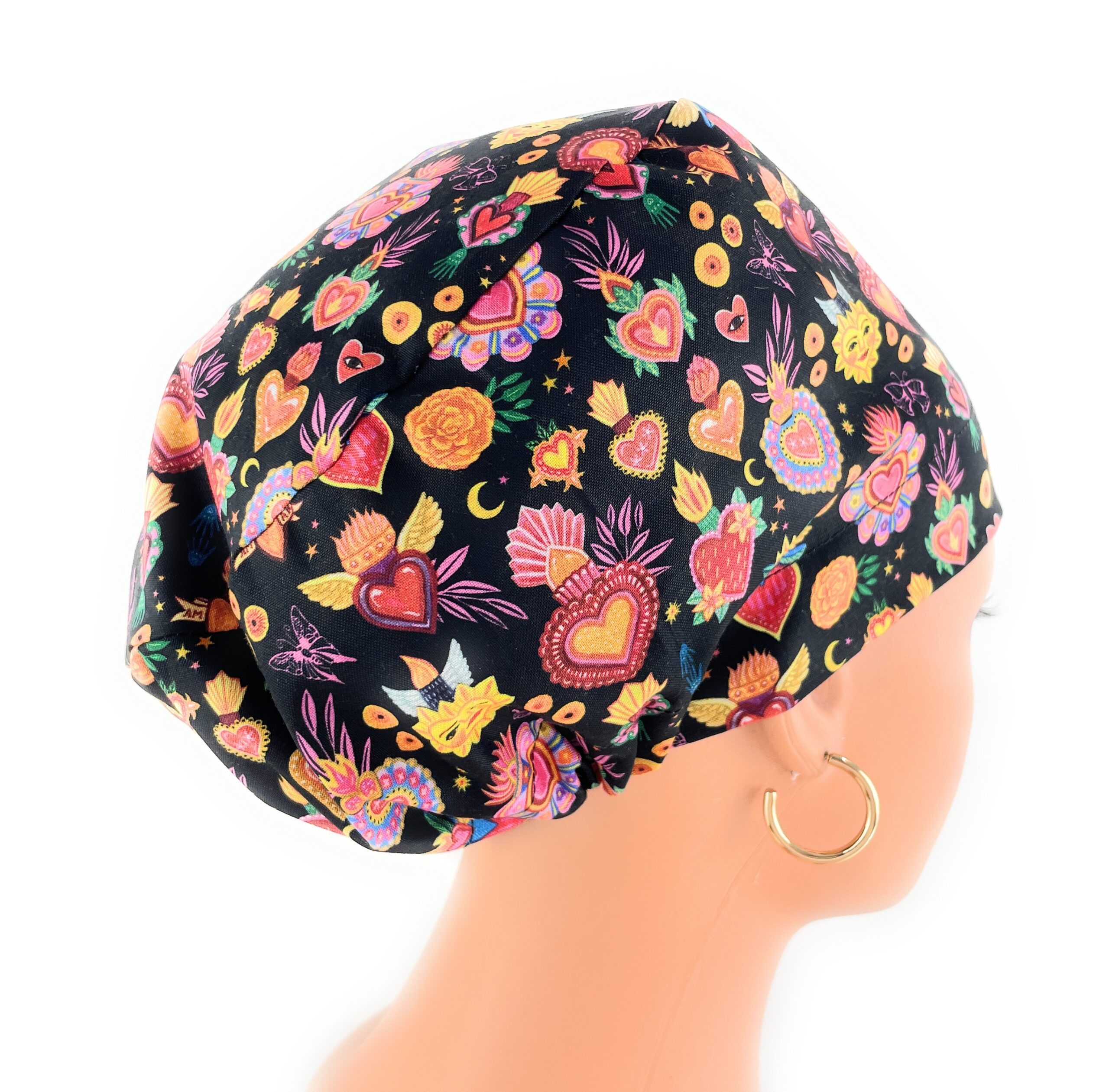 European Style Scrub Cap – (Grosgrain Ribbon) - (No Ribbon) - Día De Los Muertos in Coal - Image 7