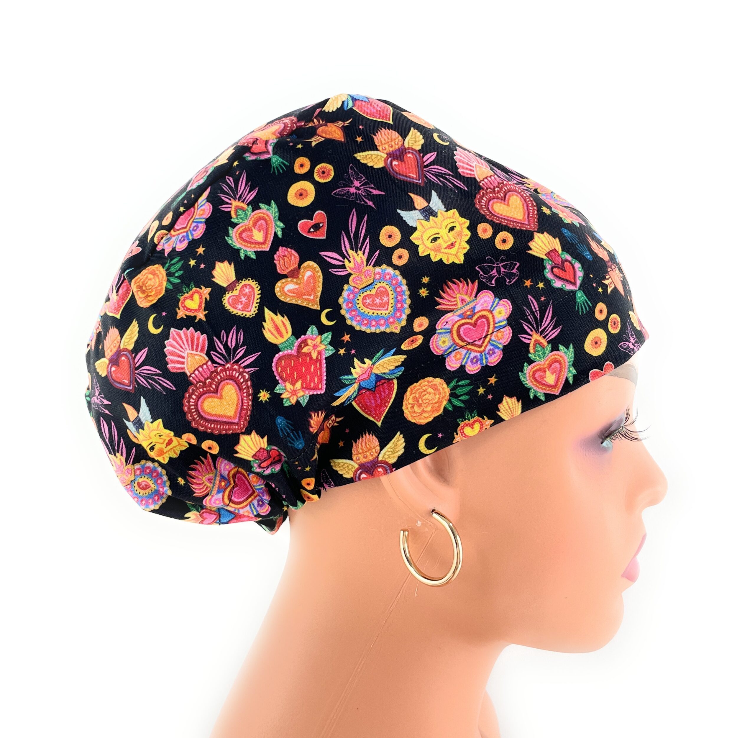 European Style Scrub Cap – (Grosgrain Ribbon) - (No Ribbon) - Día De Los Muertos in Coal - Image 5