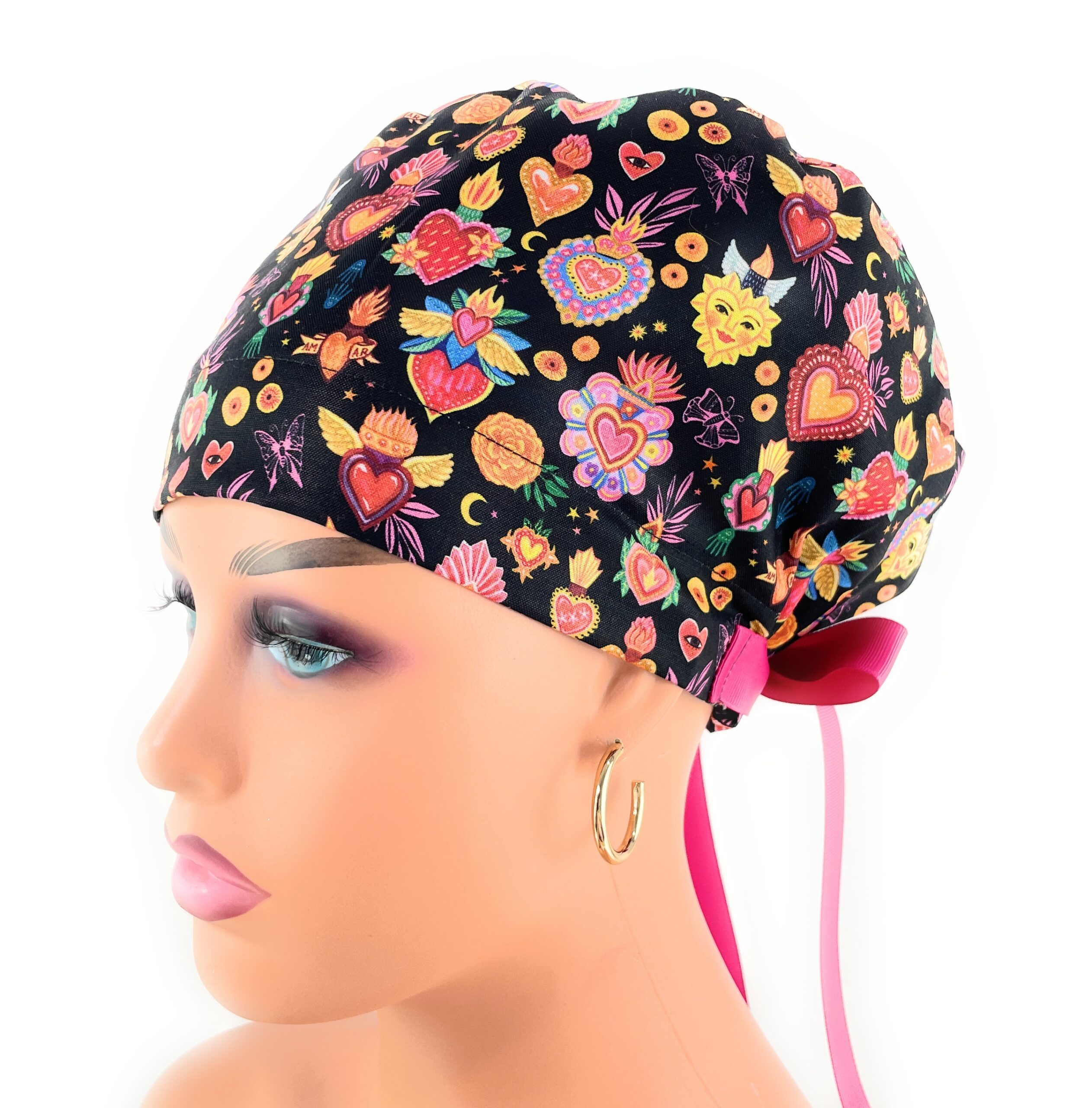 European Style Scrub Cap – (Grosgrain Ribbon) - (No Ribbon) - Día De Los Muertos in Coal - Image 14