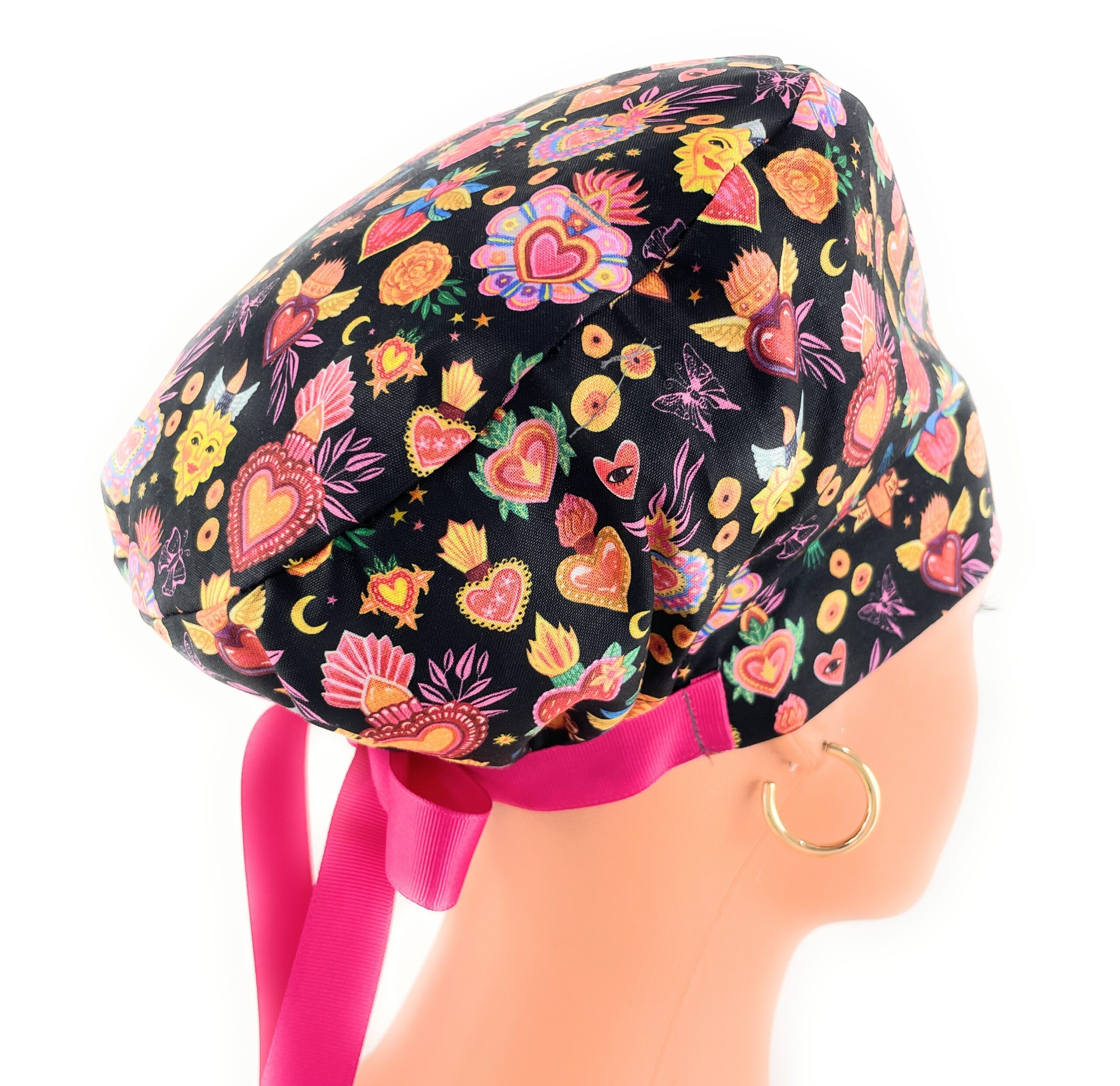 European Style Scrub Cap – (Grosgrain Ribbon) - (No Ribbon) - Día De Los Muertos in Coal - Image 17