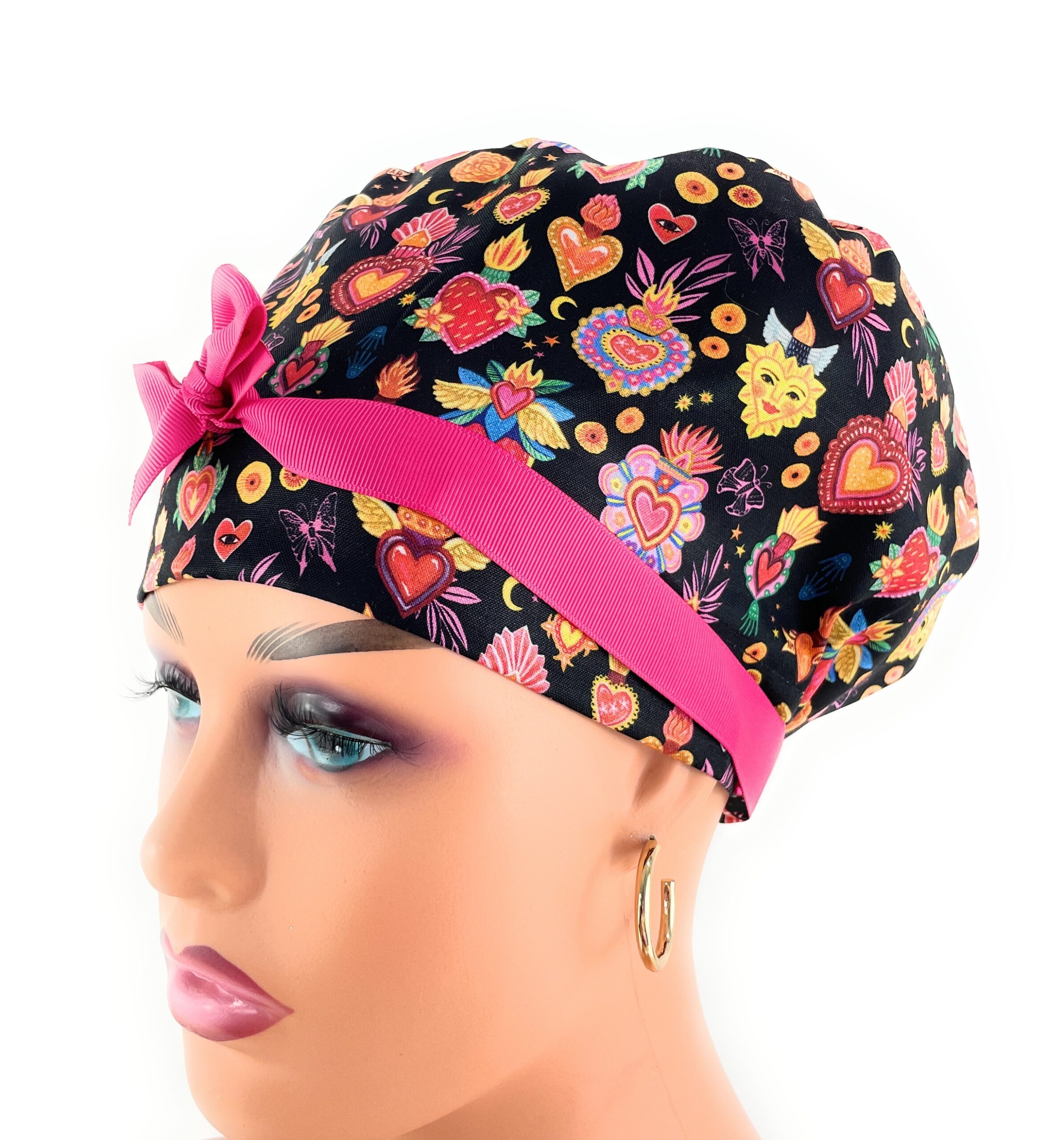 European Style Scrub Cap – (Grosgrain Ribbon) - (No Ribbon) - Día De Los Muertos in Coal - Image 12