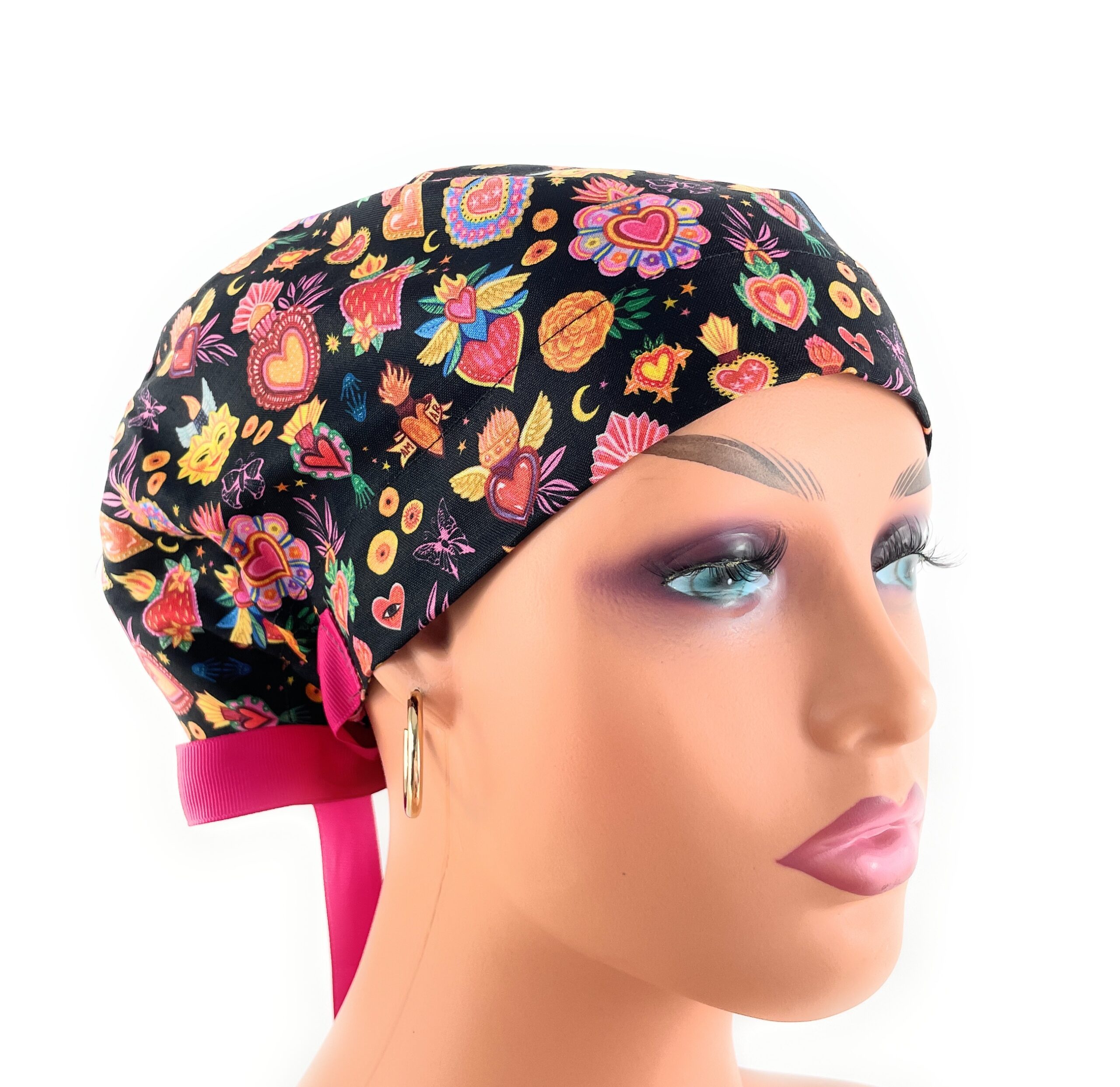 European Style Scrub Cap – (Grosgrain Ribbon) - (No Ribbon) - Día De Los Muertos in Coal - Image 13