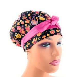 European Style Scrub Cap – (Sateen Ribbon) (No Ribbon) - Día De Los Muertos in Coal