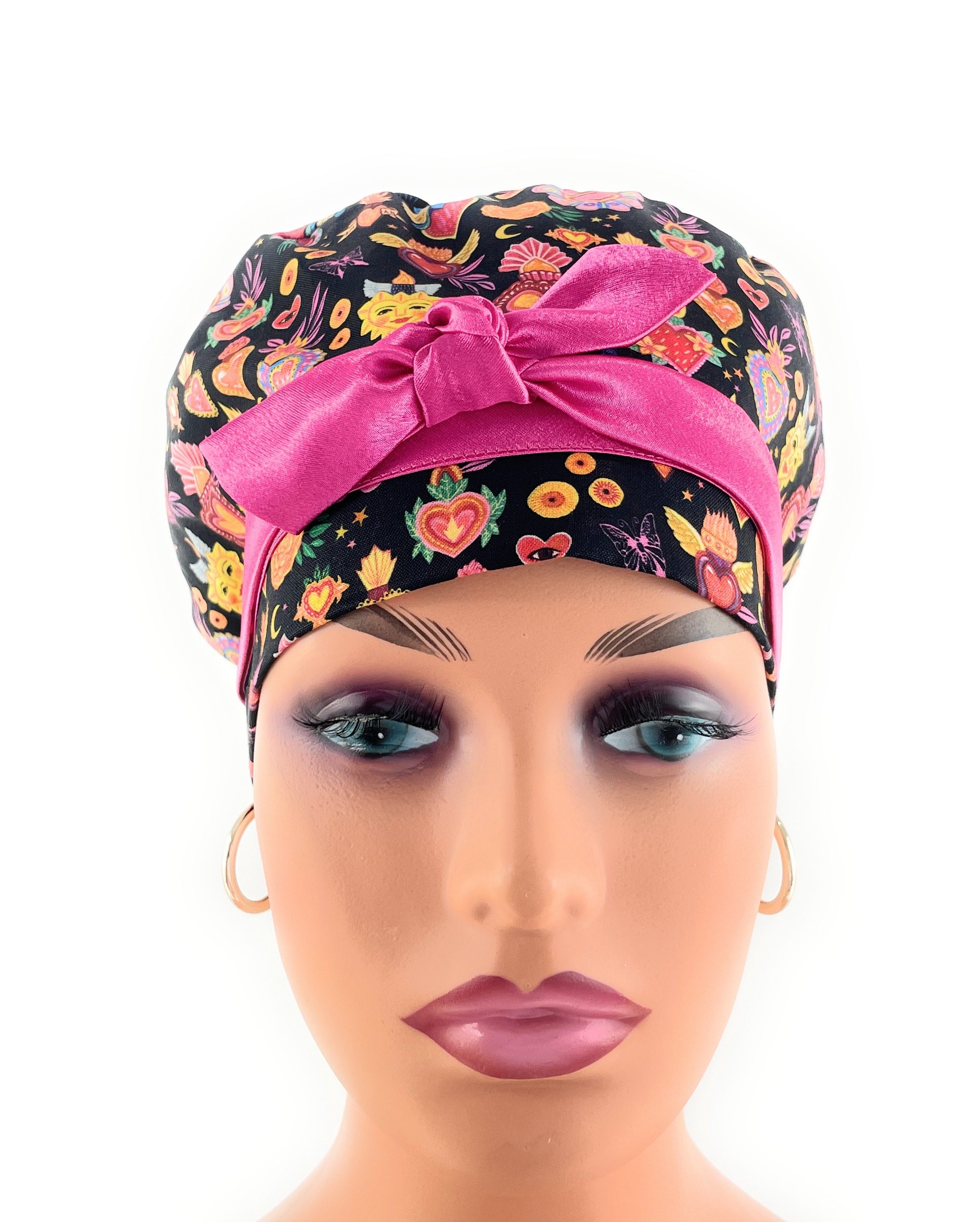 European Style Scrub Cap – (Sateen Ribbon) (No Ribbon) - Día De Los Muertos in Coal - Image 6