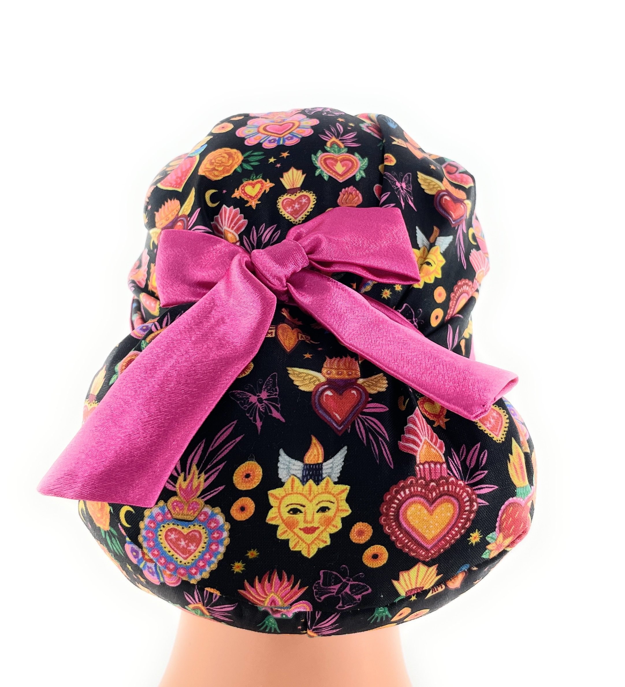 European Style Scrub Cap – (Sateen Ribbon) (No Ribbon) - Día De Los Muertos in Coal - Image 12