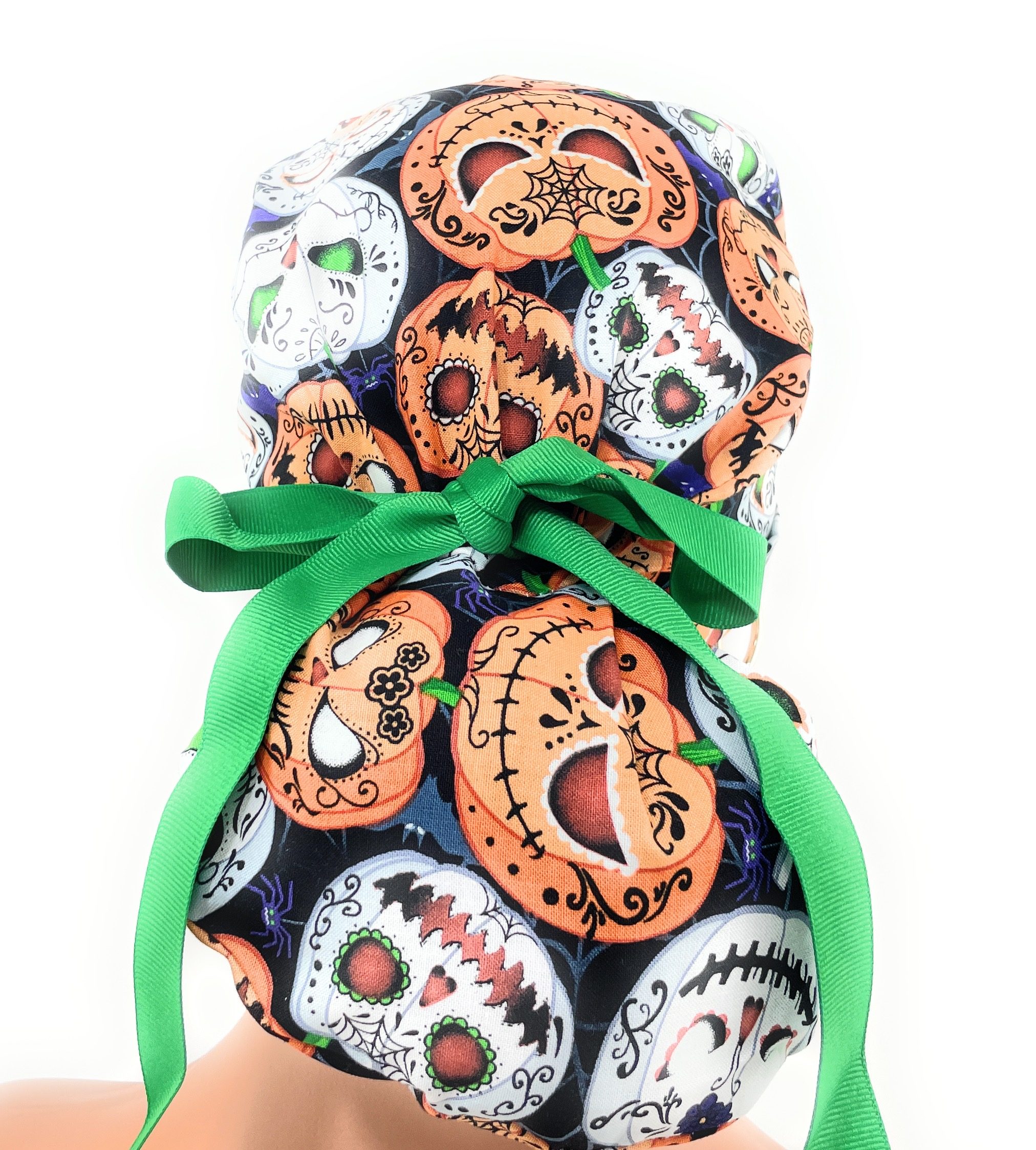 Double Sided Ponytail Medical Scrub Cap - Scary Pumpkins - Image 6