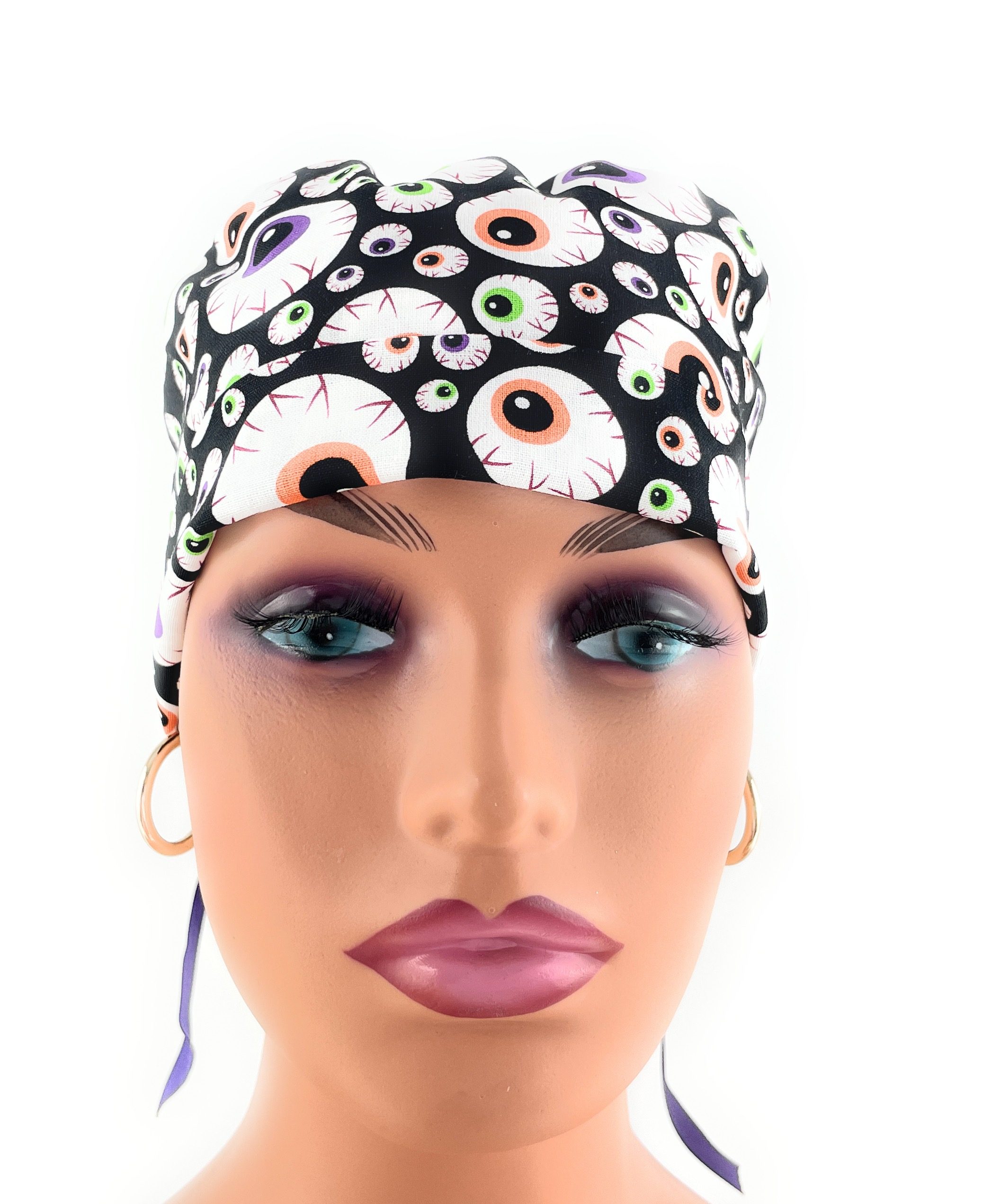 Double Sided Ponytail Medical Scrub Cap - Scary Eyes - Image 3