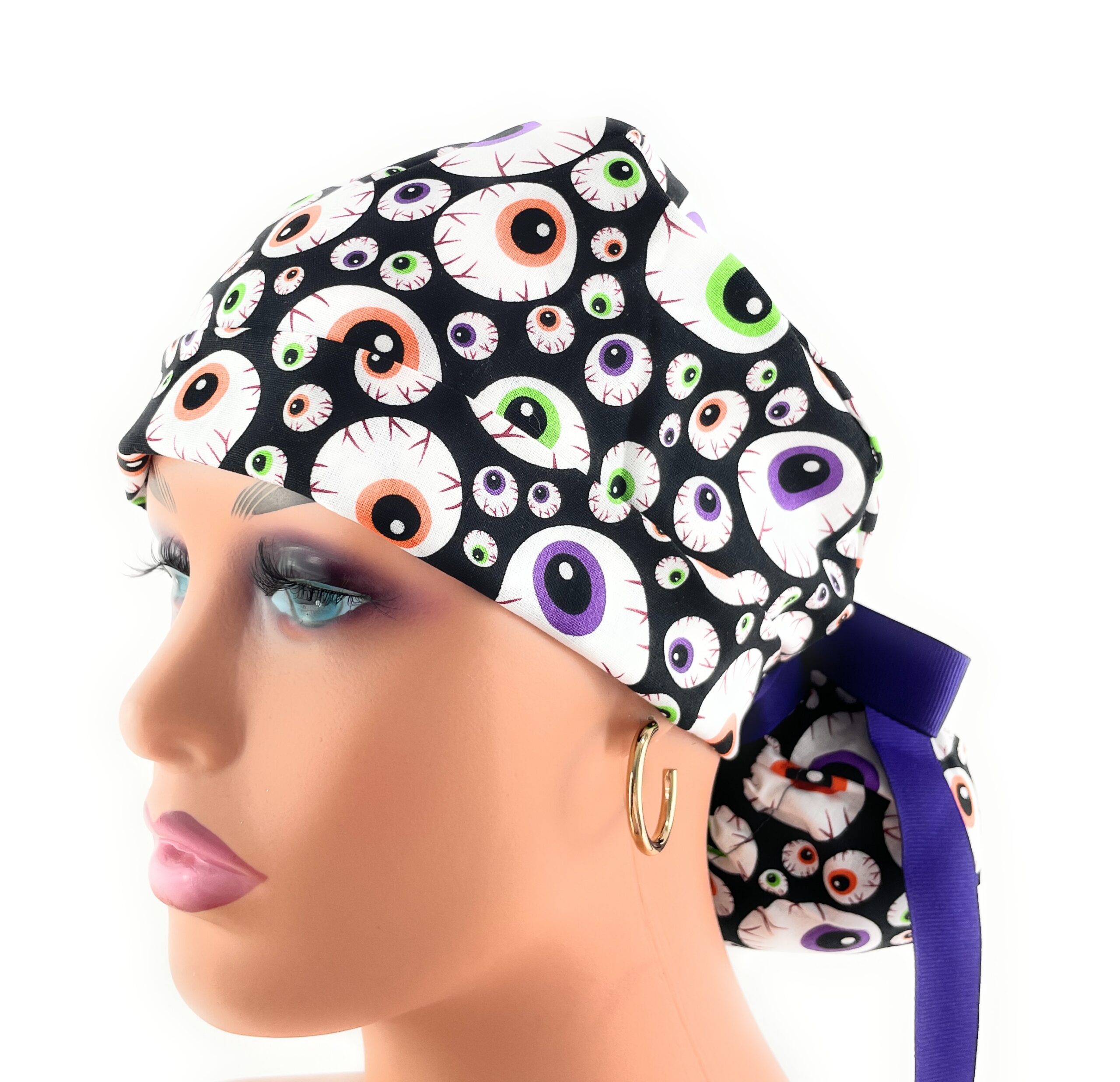 Double Sided Ponytail Medical Scrub Cap - Scary Eyes - Image 4