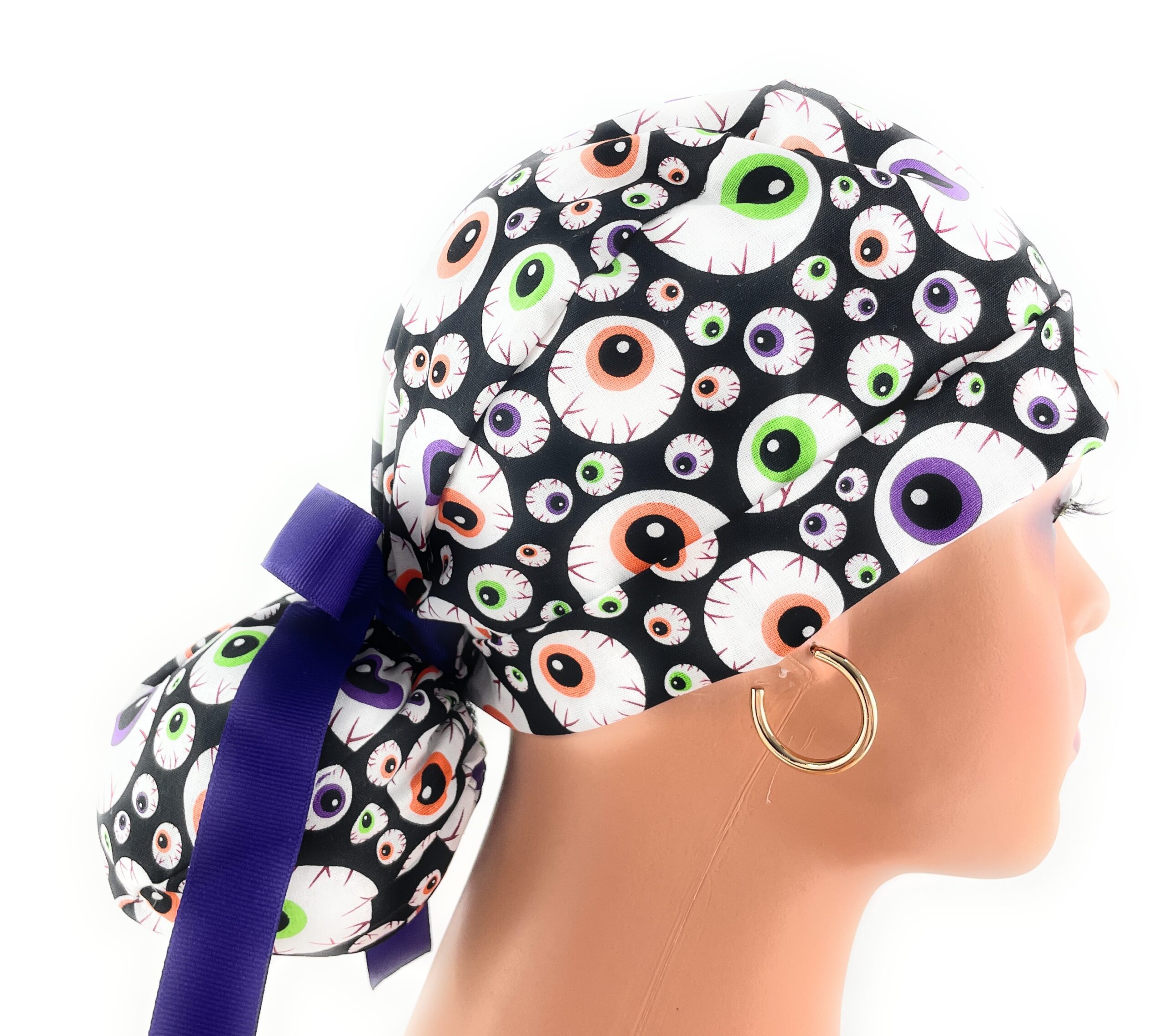Double Sided Ponytail Medical Scrub Cap - Scary Eyes - Image 5