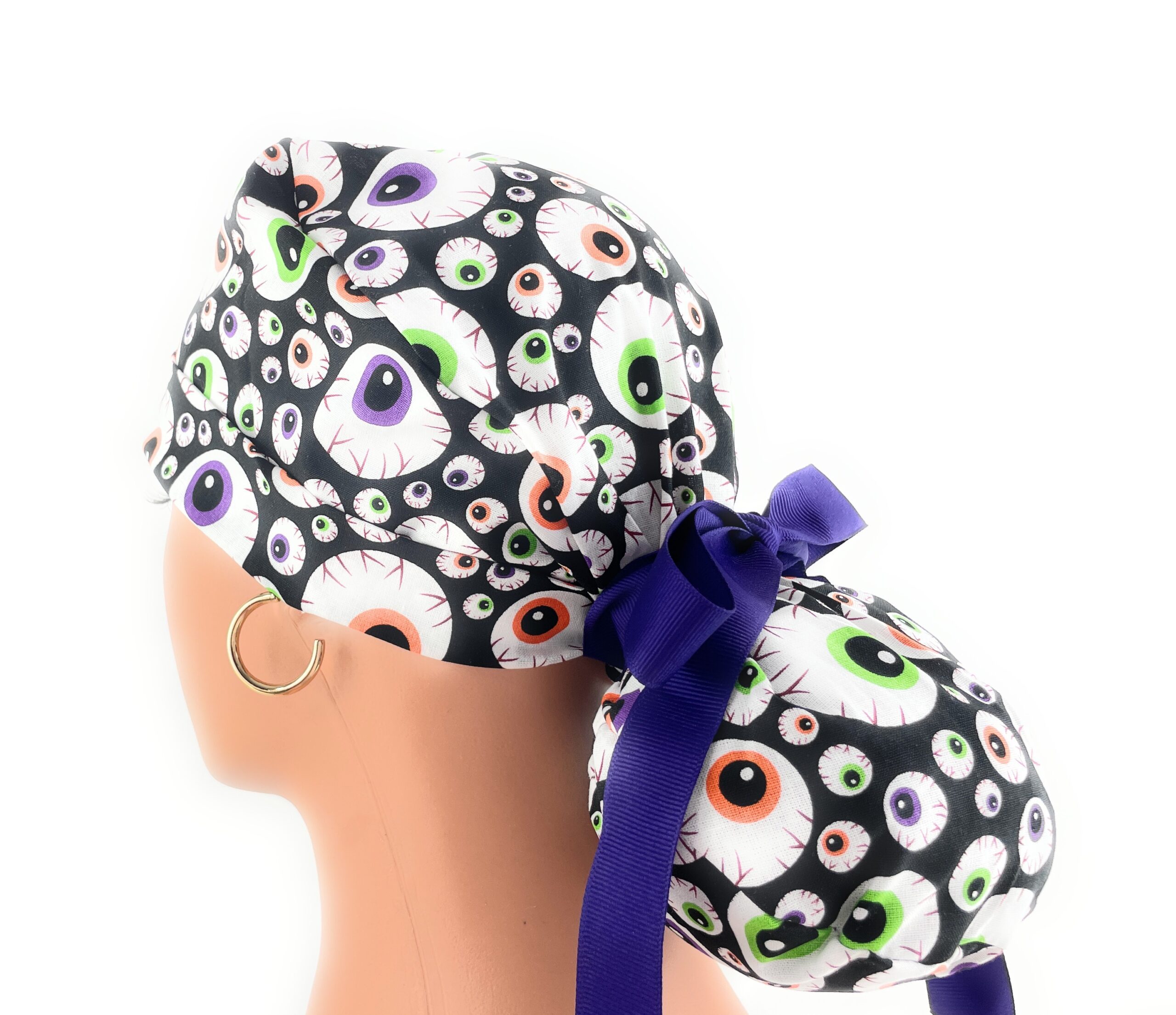 Double Sided Ponytail Medical Scrub Cap - Scary Eyes - Image 9