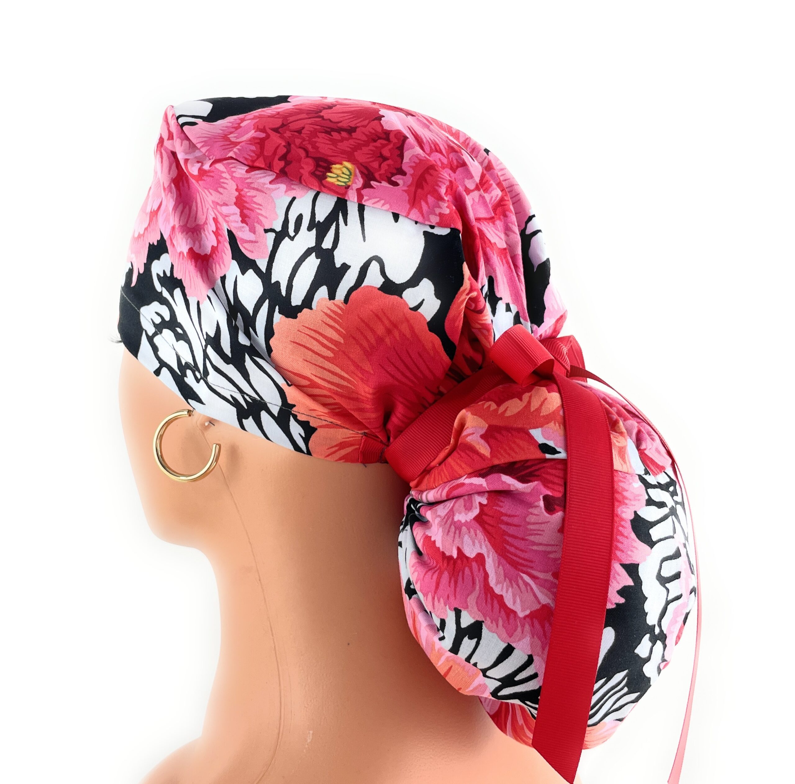 Ponytail Medical Scrub Cap - Big Poppy Flowers - Image 7