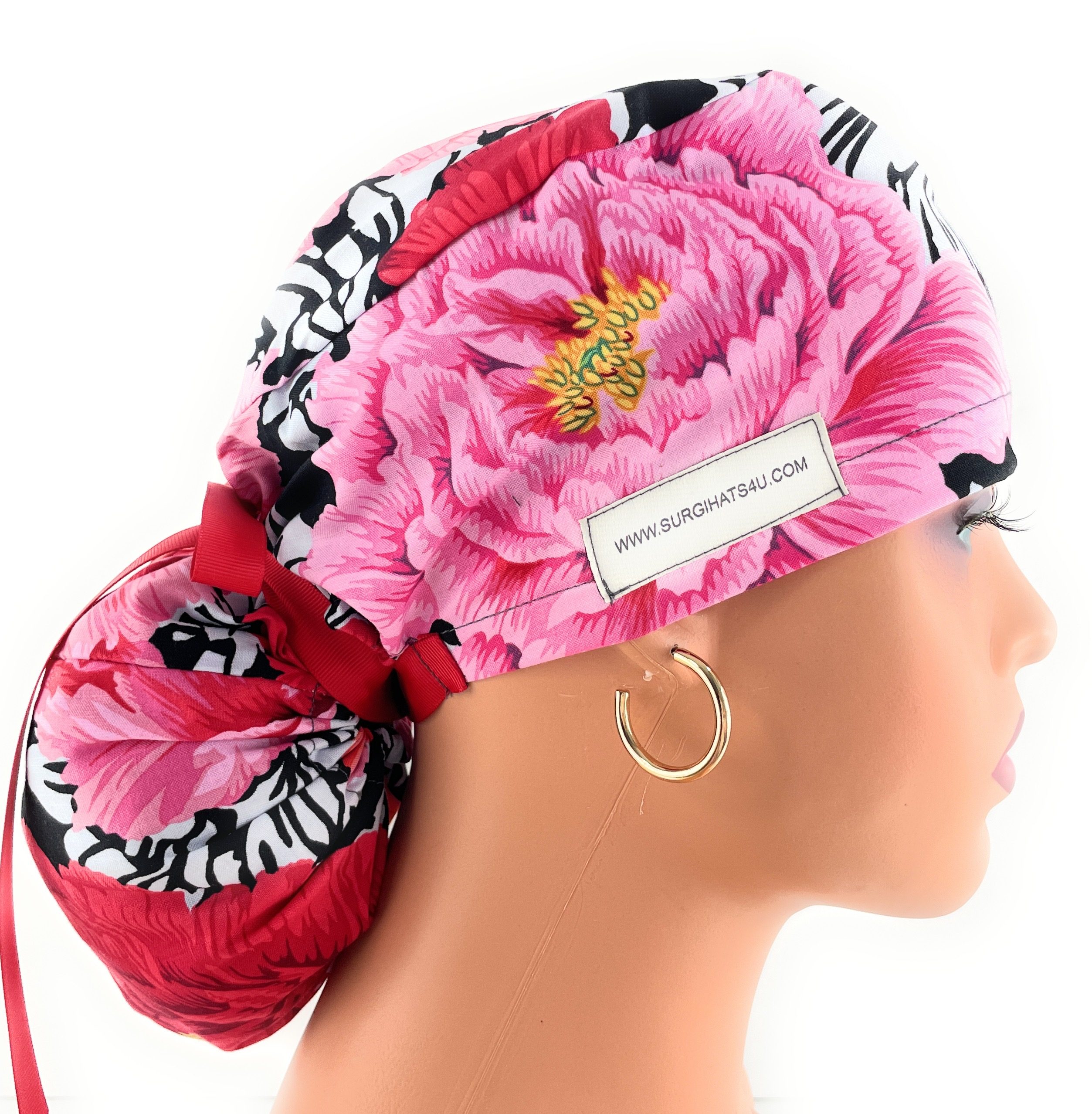 Ponytail Medical Scrub Cap - Big Poppy Flowers - Image 3