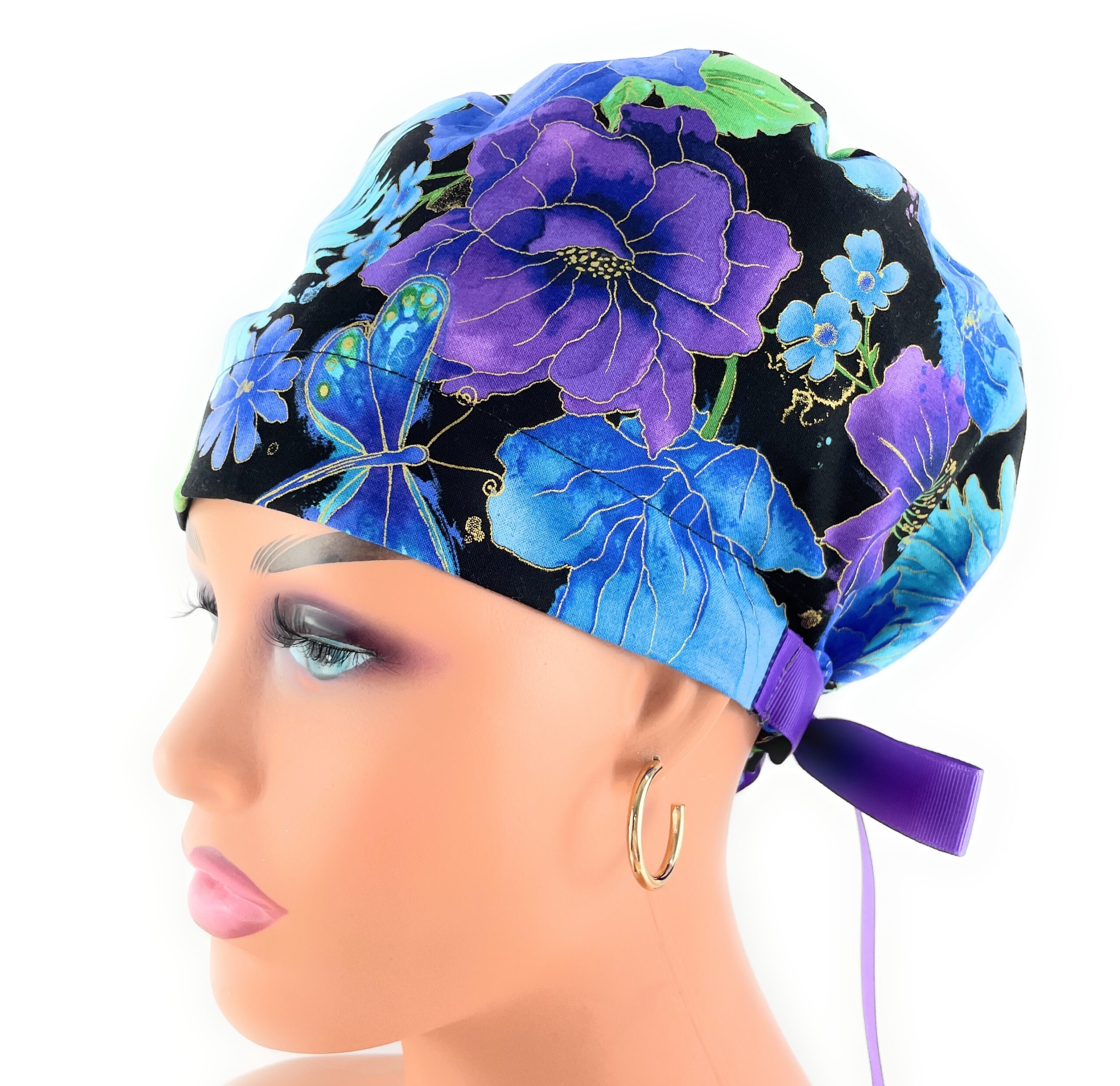 European Style Scrub Cap – (Grosgrain Ribbon) - (No Ribbon) - Dragonflies Dance - Image 3