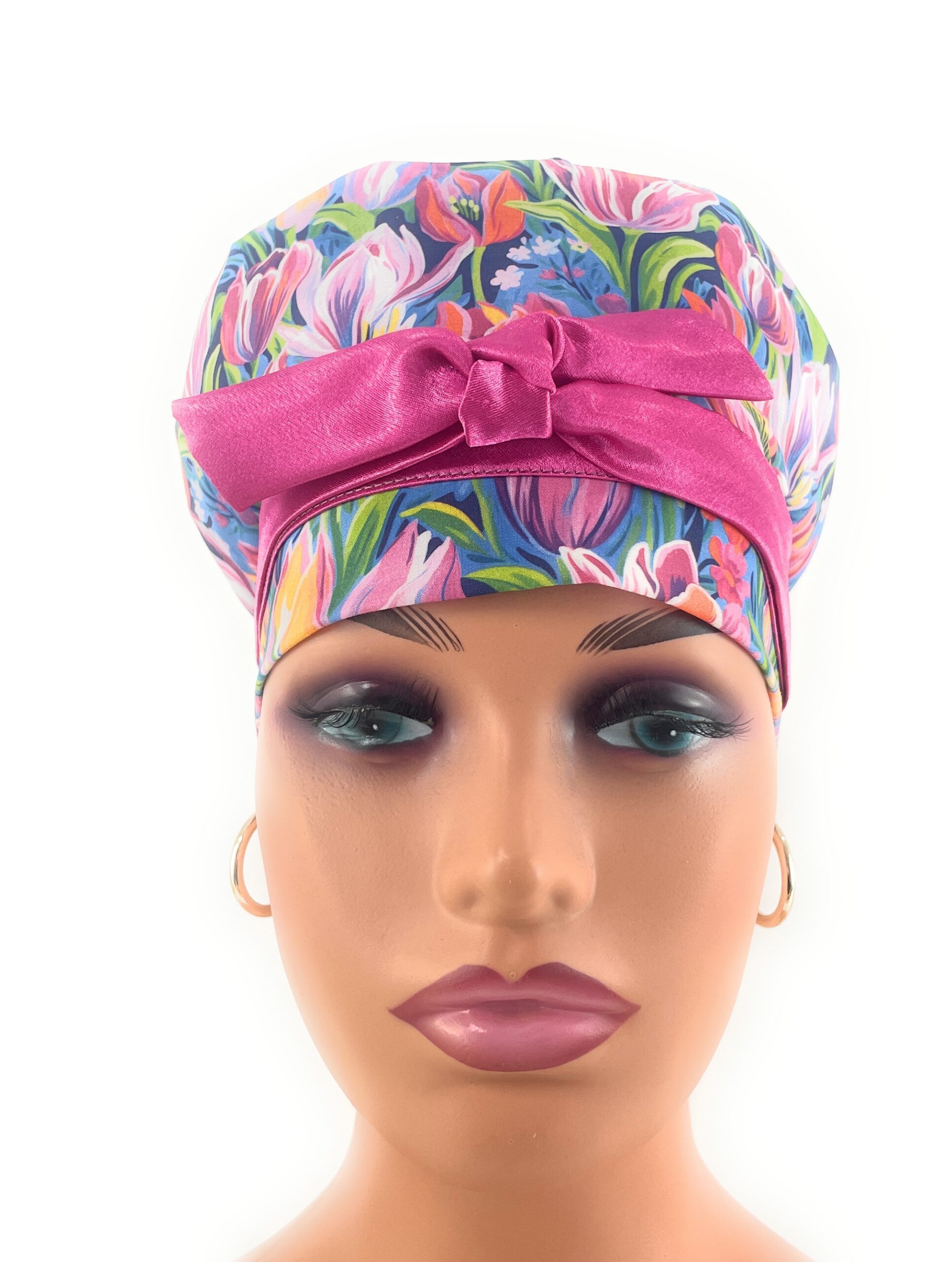 European Style Scrub Cap – (Sateen Ribbon) (No Ribbon) - Evening Tulips in Vivid - Image 3