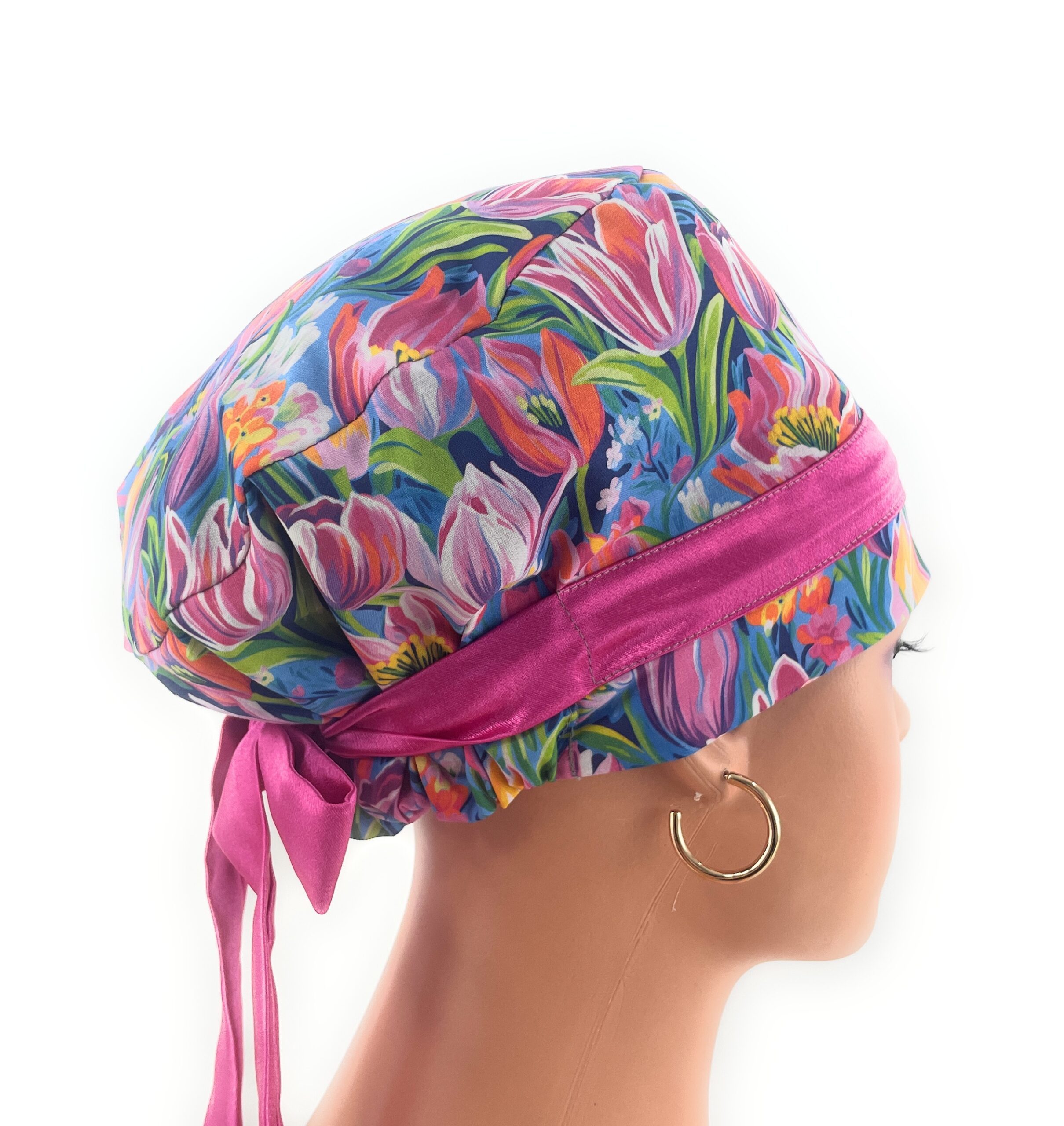 European Style Scrub Cap – (Sateen Ribbon) (No Ribbon) - Evening Tulips in Vivid - Image 8