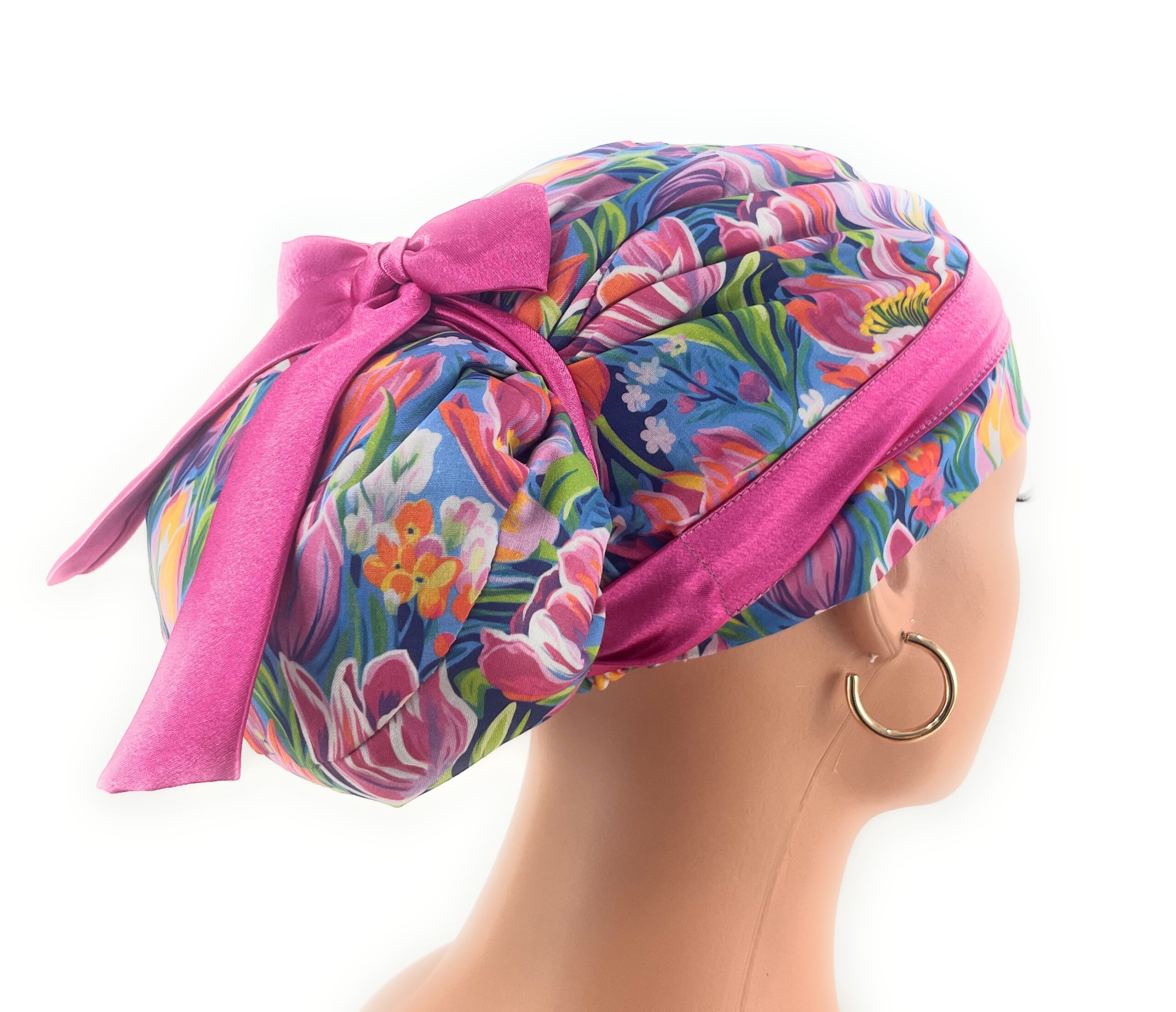 European Style Scrub Cap – (Sateen Ribbon) (No Ribbon) - Evening Tulips in Vivid - Image 11