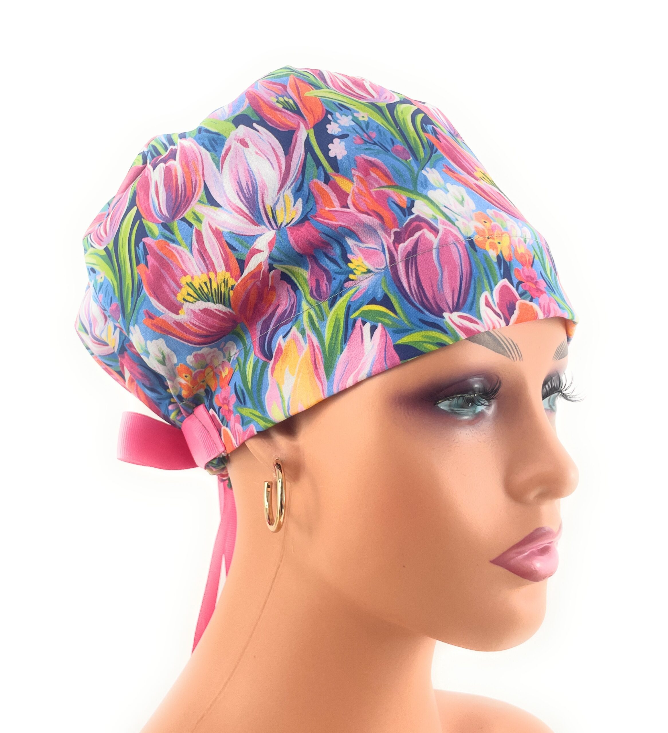 European Style Scrub Cap – (Grosgrain Ribbon) - (No Ribbon) - Evening Tulips in Vivid - Image 5