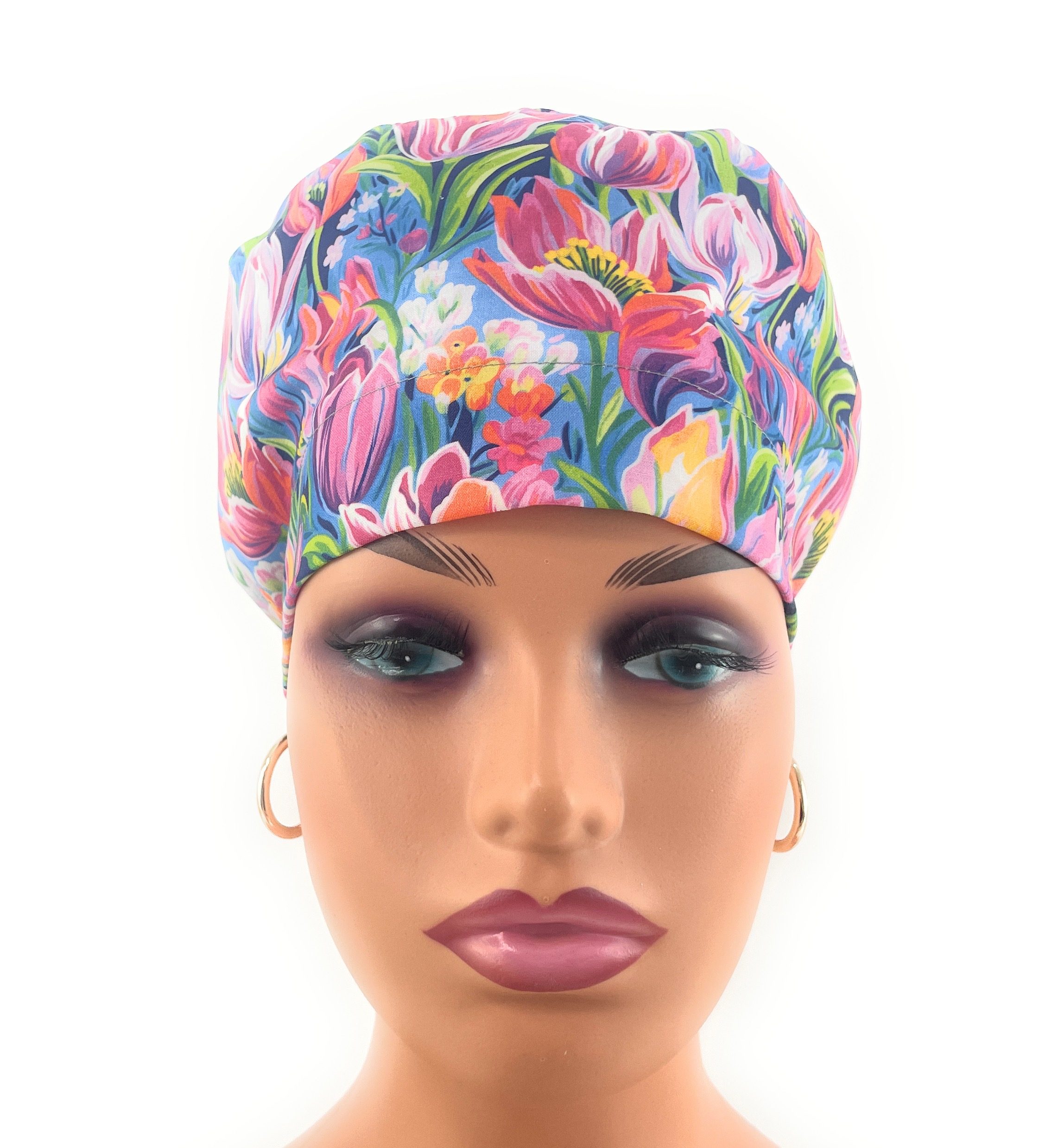 European Style Scrub Cap – (Grosgrain Ribbon) - (No Ribbon) - Evening Tulips in Vivid - Image 6