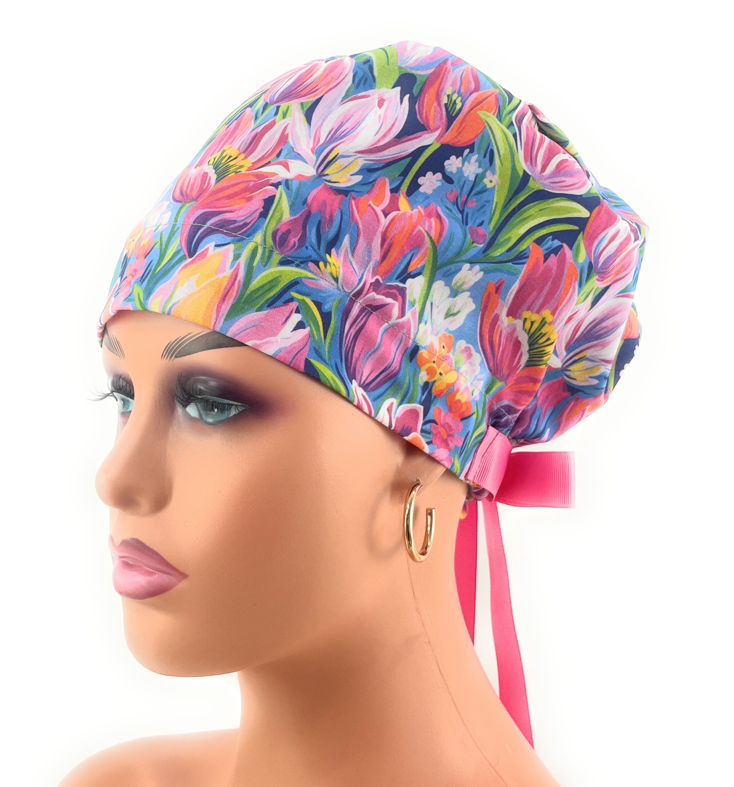 European Style Scrub Cap – (Grosgrain Ribbon) - (No Ribbon) - Evening Tulips in Vivid - Image 7