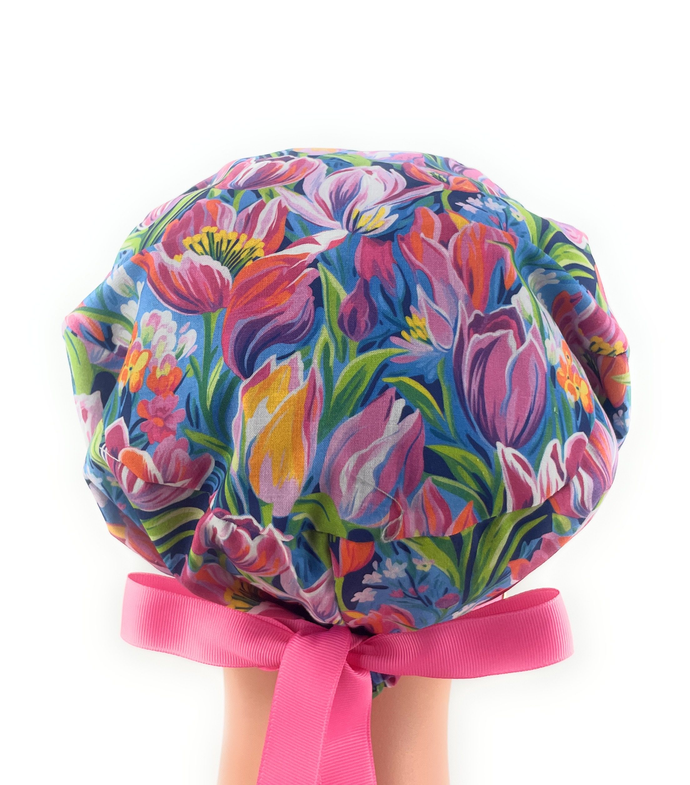 European Style Scrub Cap – (Grosgrain Ribbon) - (No Ribbon) - Evening Tulips in Vivid - Image 10
