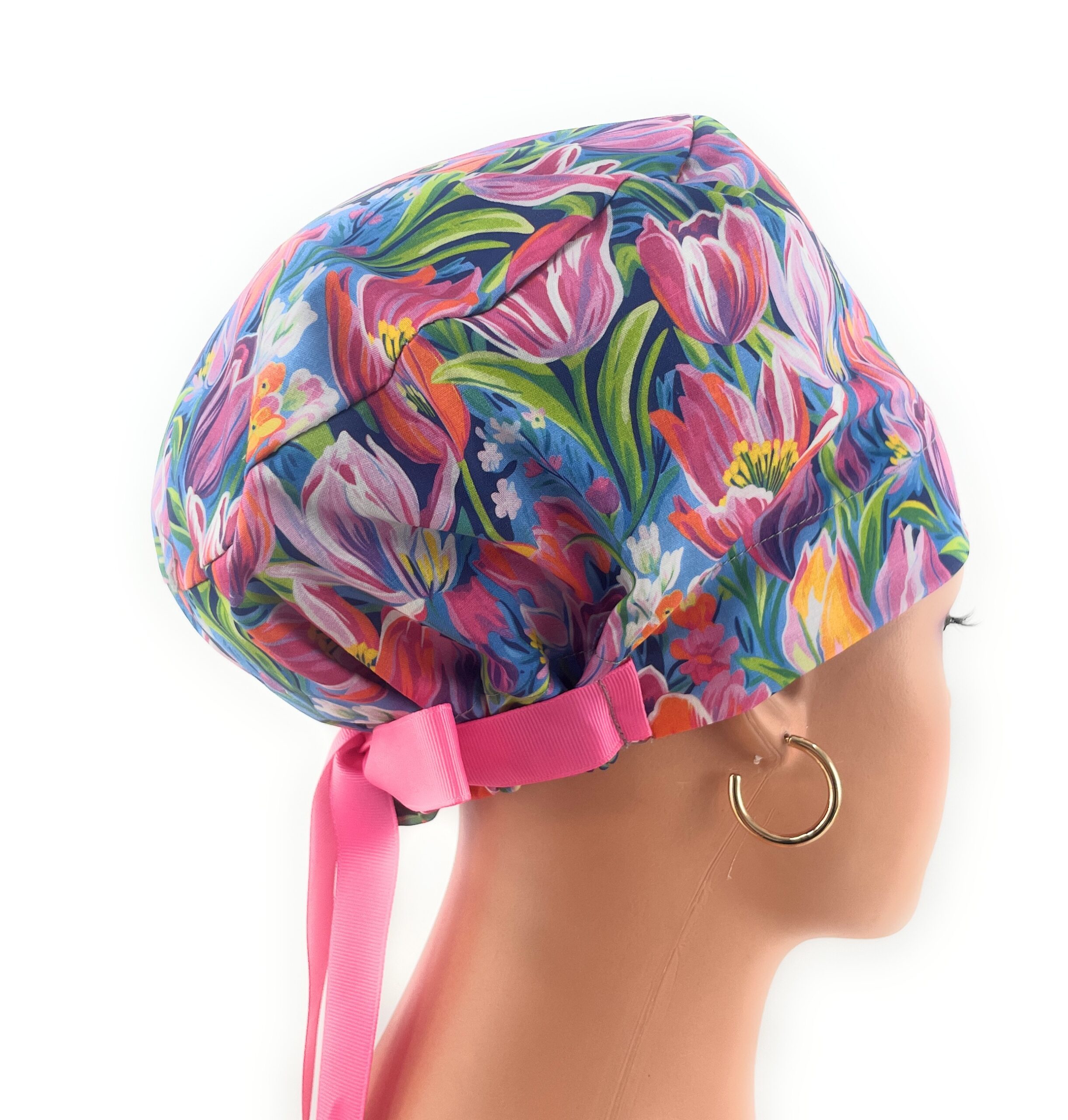 European Style Scrub Cap – (Grosgrain Ribbon) - (No Ribbon) - Evening Tulips in Vivid - Image 9