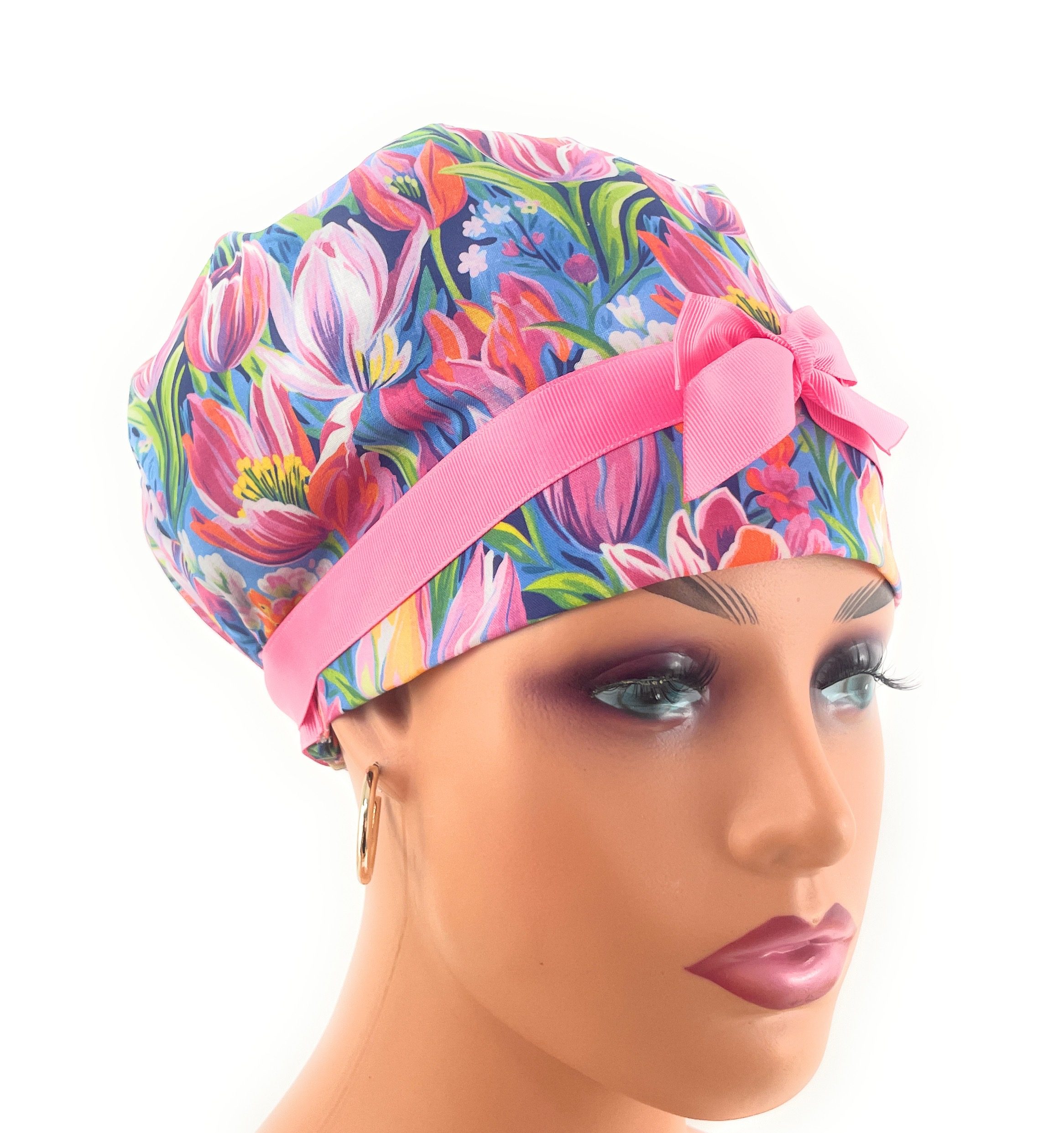 European Style Scrub Cap – (Grosgrain Ribbon) - (No Ribbon) - Evening Tulips in Vivid