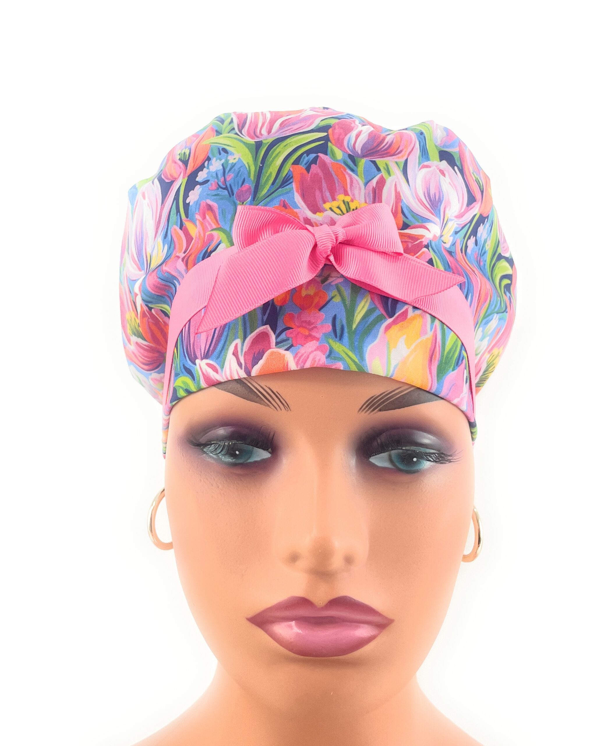 European Style Scrub Cap – (Grosgrain Ribbon) - (No Ribbon) - Evening Tulips in Vivid - Image 3