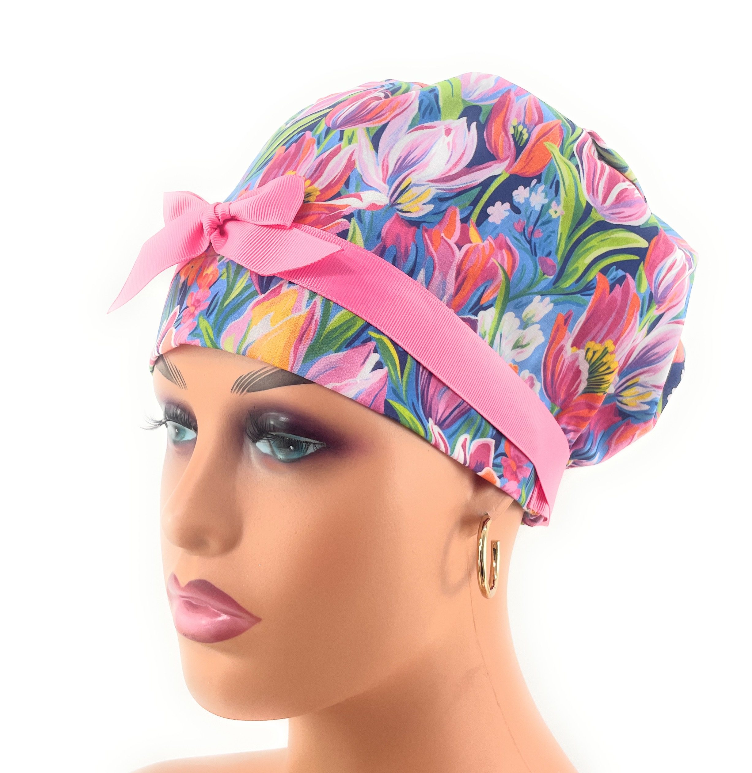 European Style Scrub Cap – (Grosgrain Ribbon) - (No Ribbon) - Evening Tulips in Vivid - Image 4