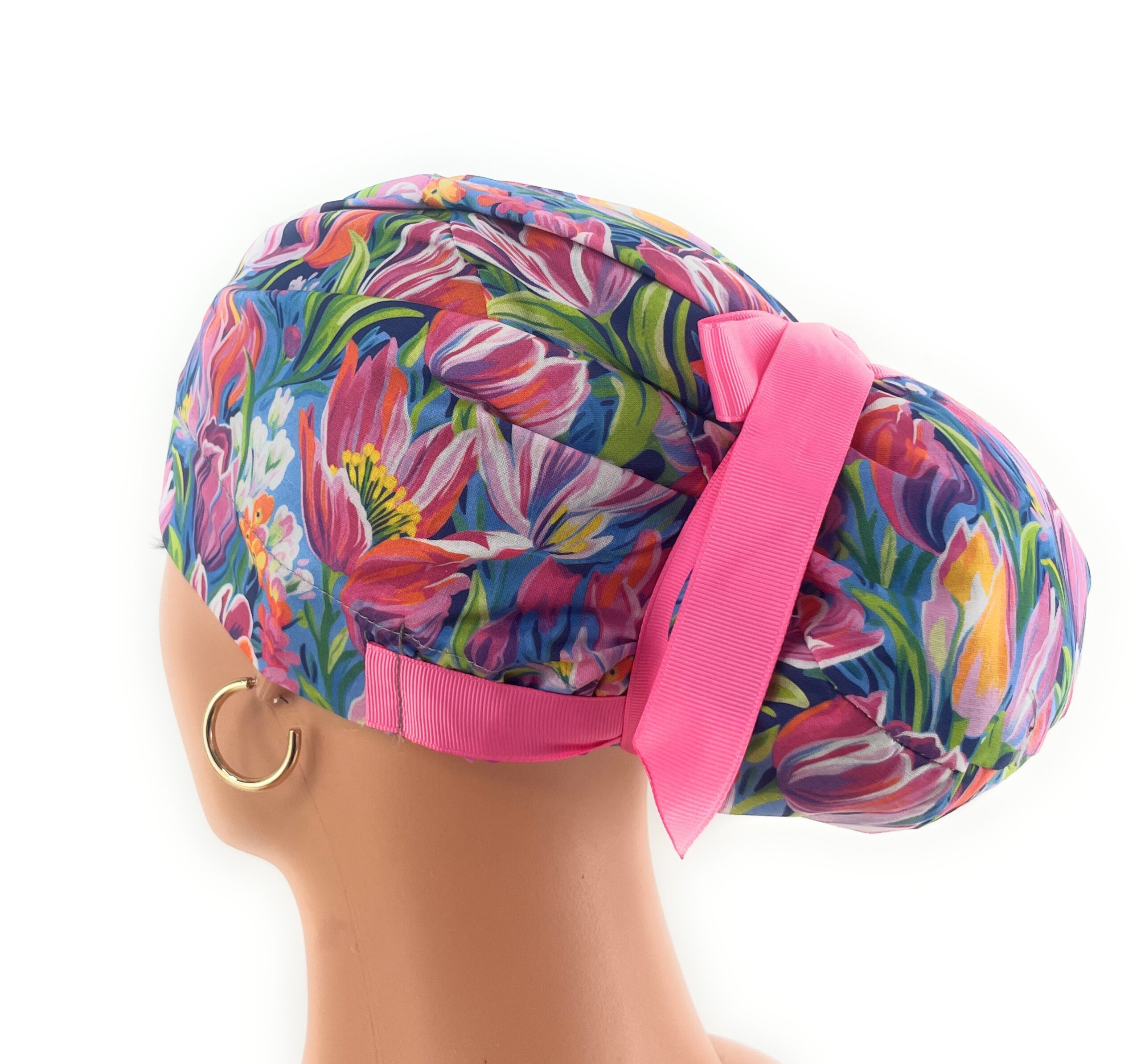 European Style Scrub Cap – (Grosgrain Ribbon) - (No Ribbon) - Evening Tulips in Vivid - Image 14