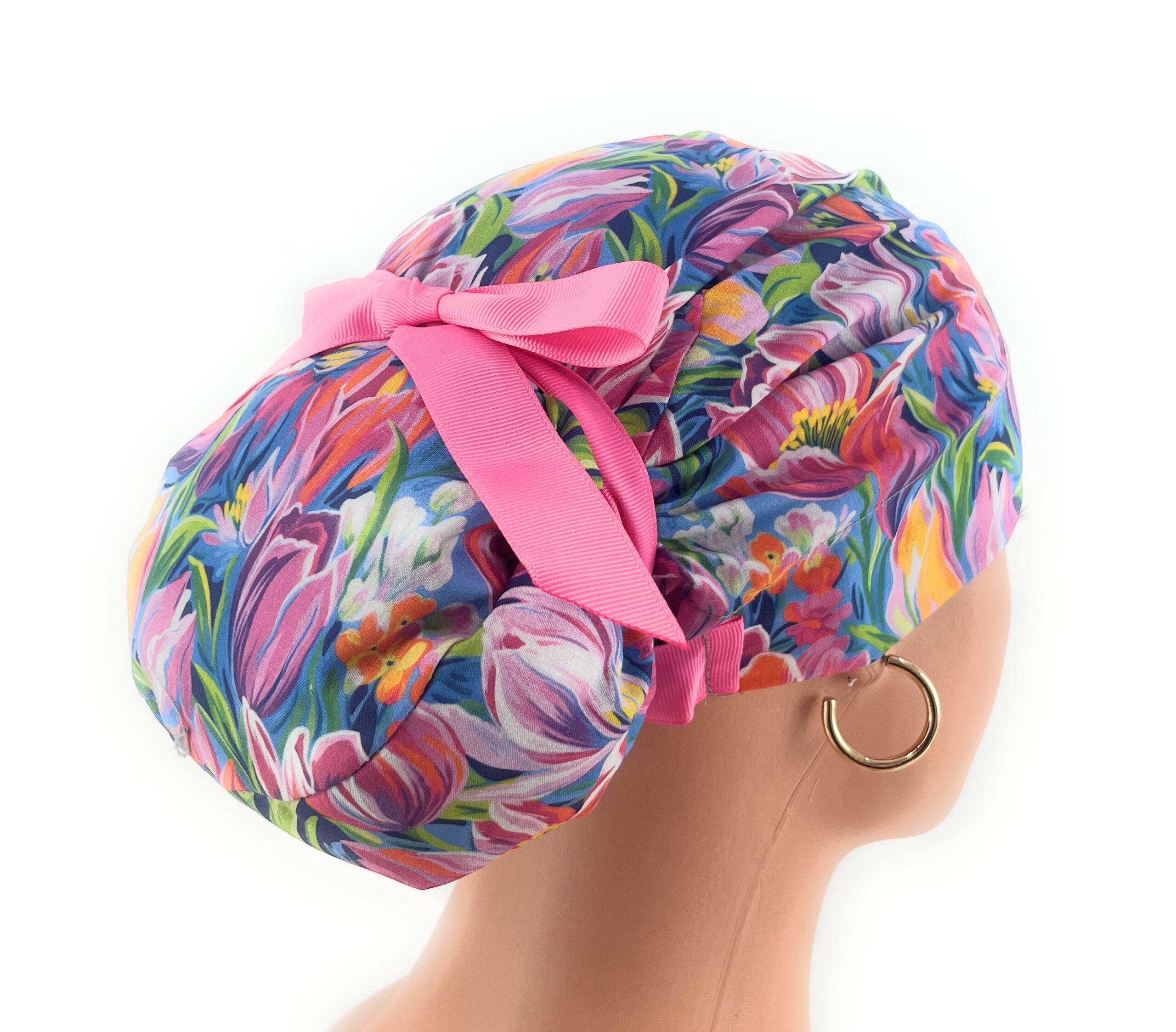 European Style Scrub Cap – (Grosgrain Ribbon) - (No Ribbon) - Evening Tulips in Vivid - Image 12
