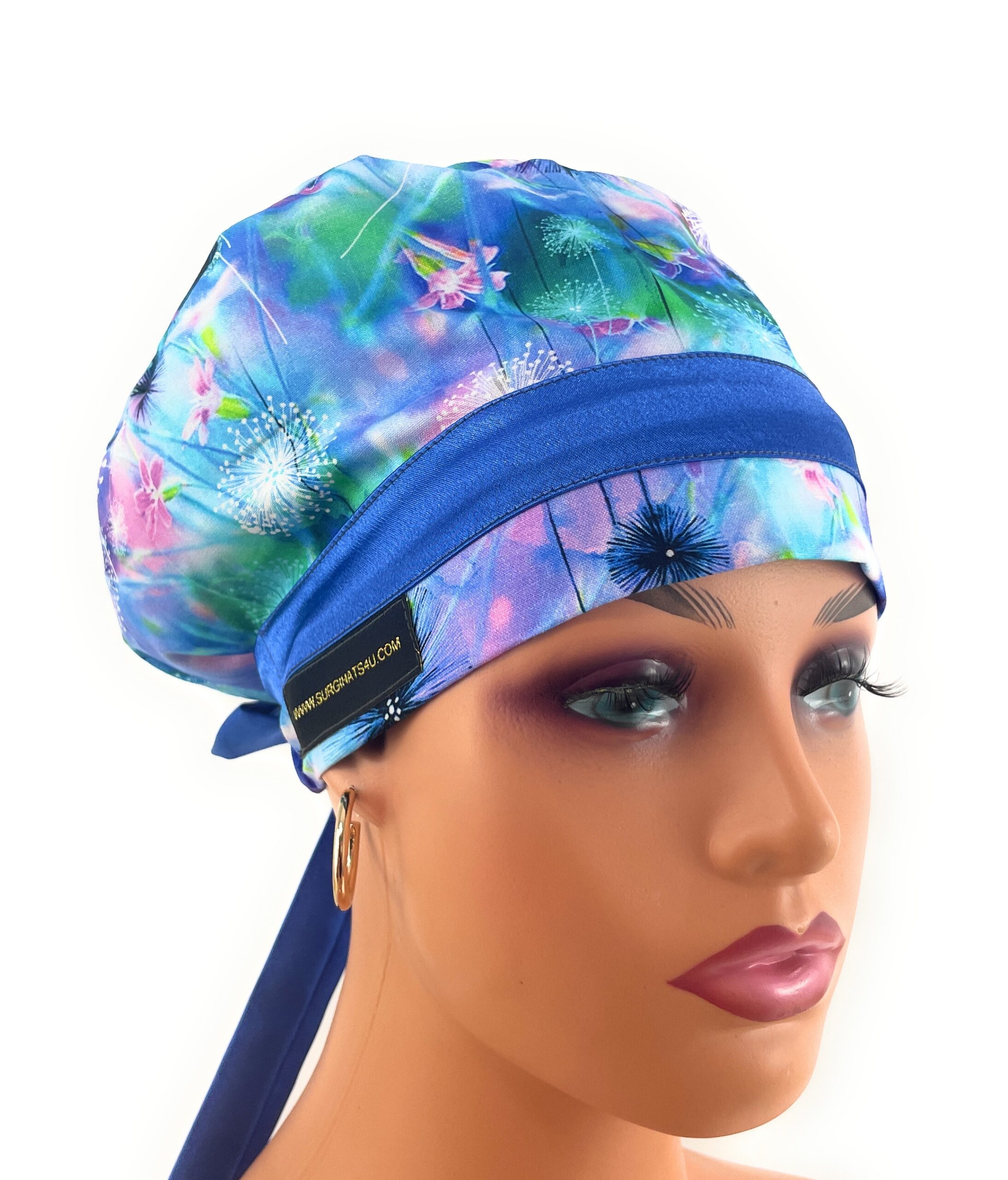 European Style Scrub Cap – (Sateen Ribbon) (No Ribbon) - Blue Neon Floral - Image 5