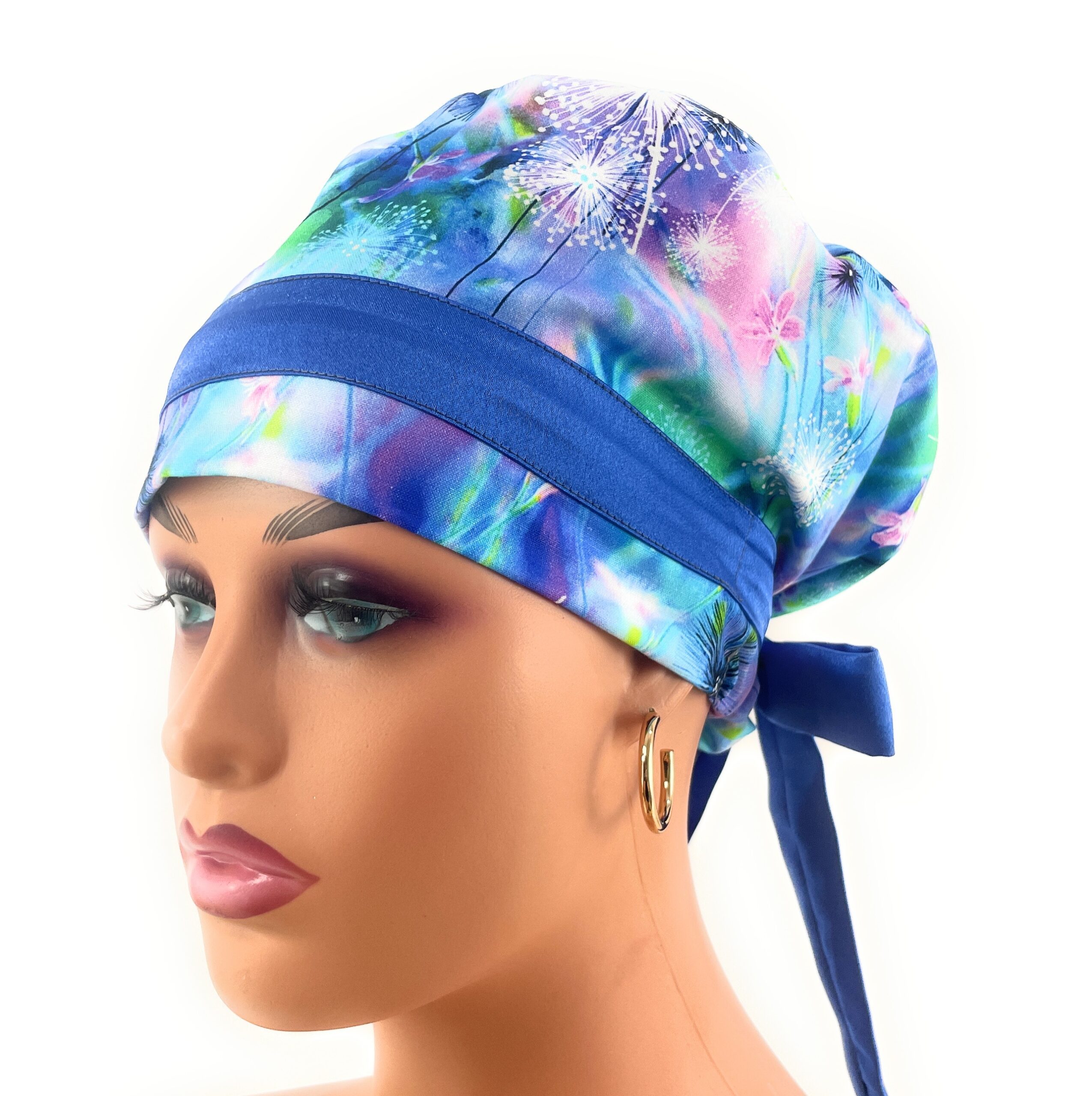 European Style Scrub Cap – (Sateen Ribbon) (No Ribbon) - Blue Neon Floral - Image 4