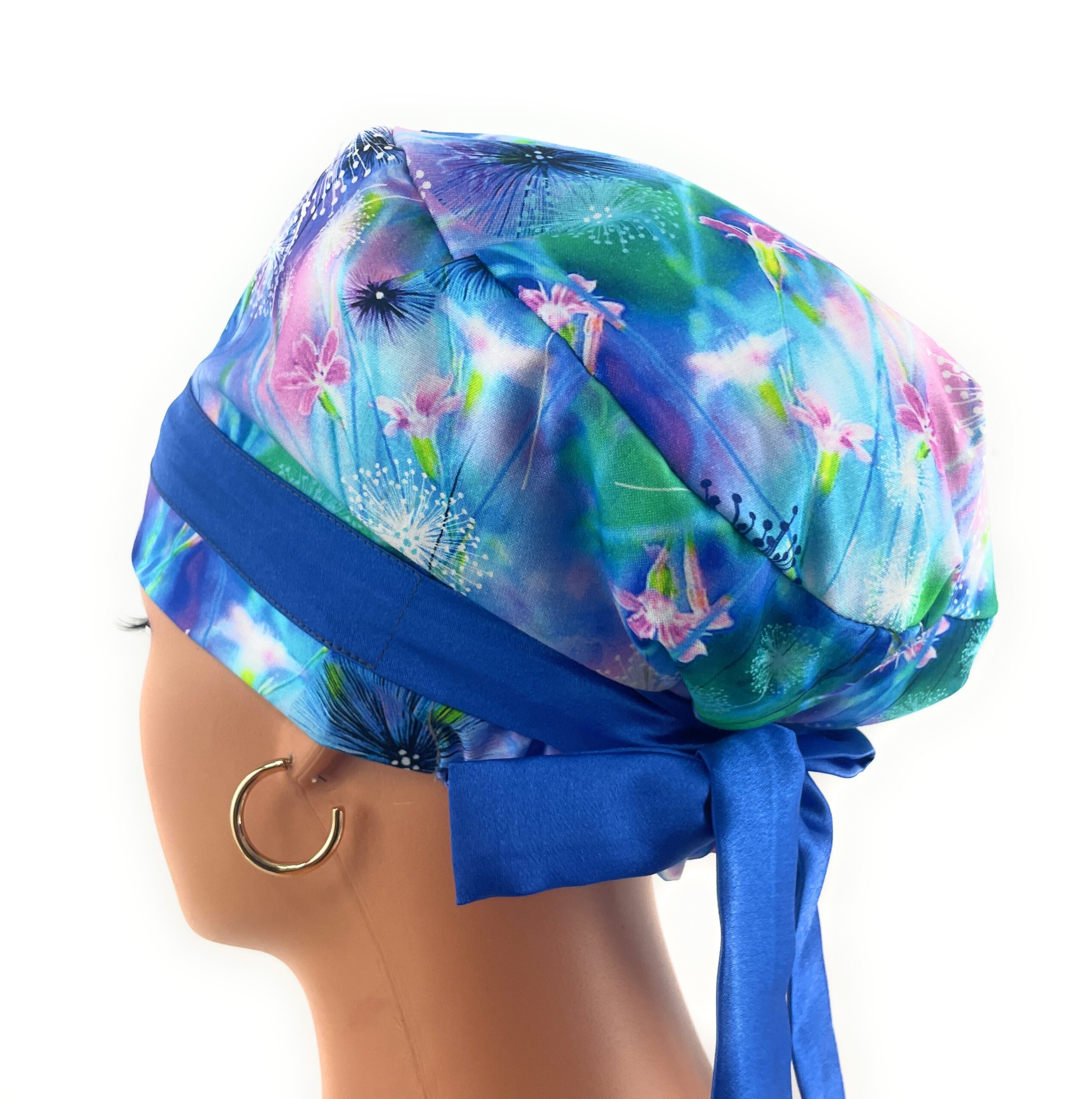 European Style Scrub Cap – (Sateen Ribbon) (No Ribbon) - Blue Neon Floral - Image 9