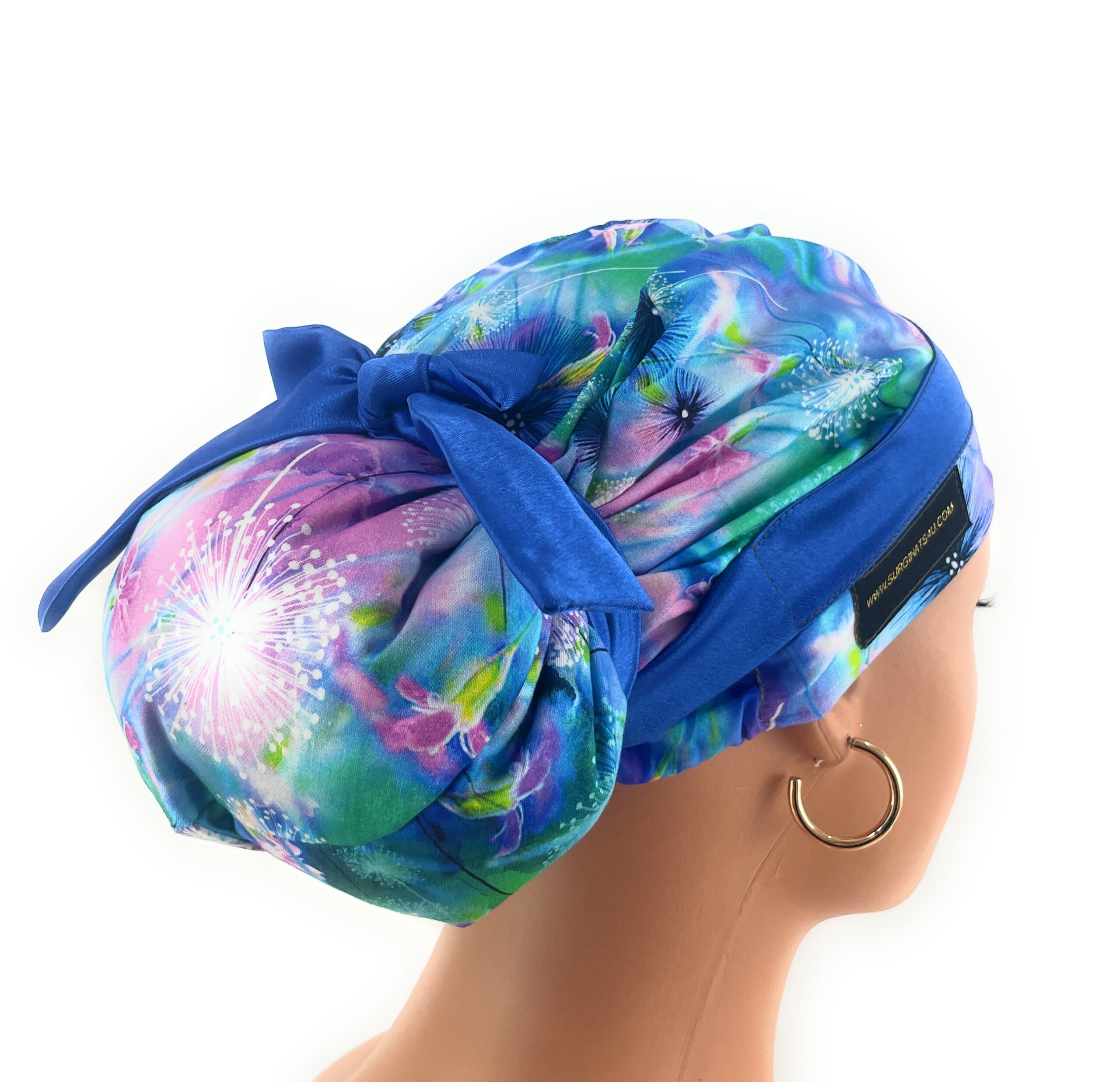 European Style Scrub Cap – (Sateen Ribbon) (No Ribbon) - Blue Neon Floral - Image 10