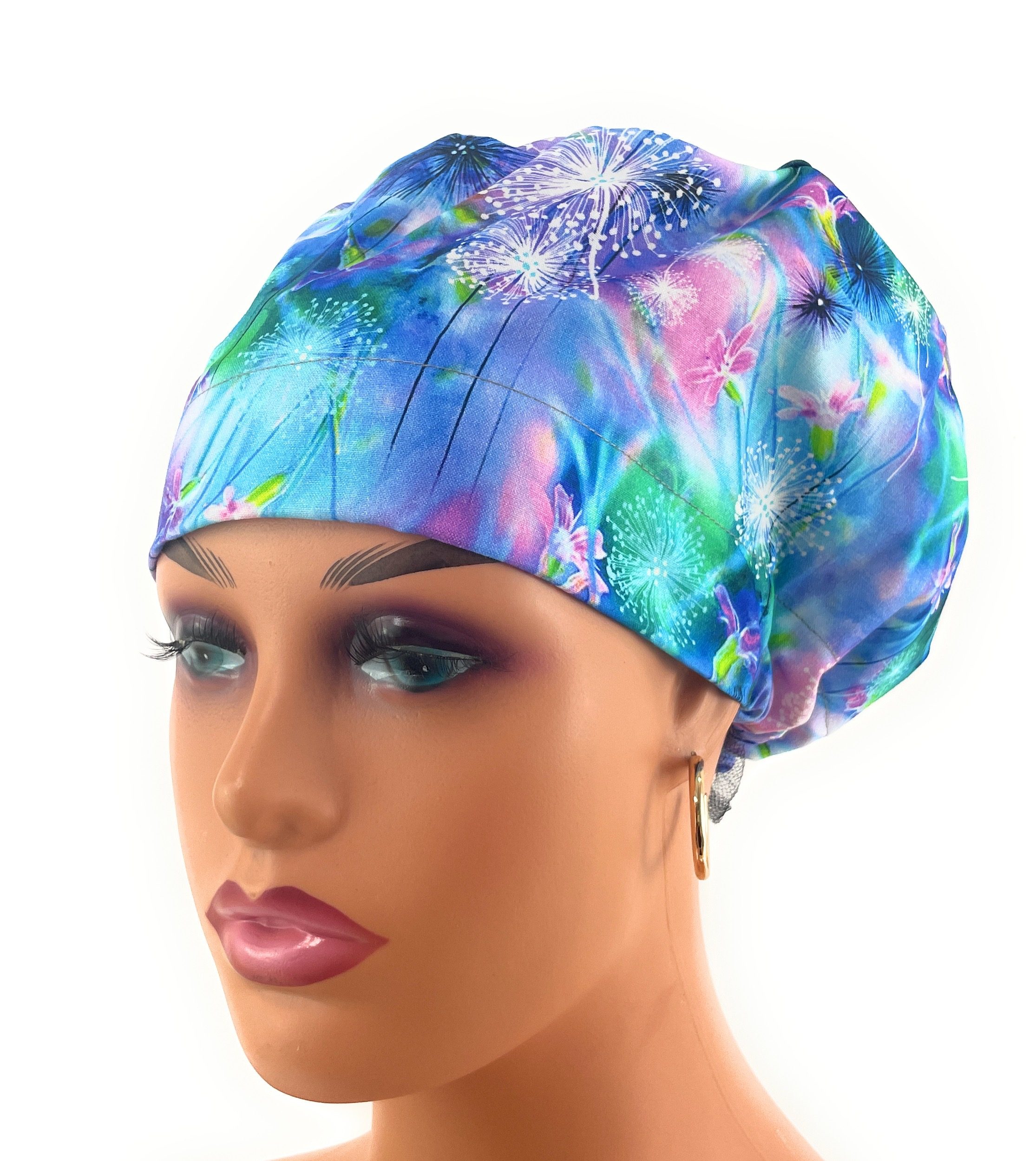 European Style Scrub Cap – (Grosgrain Ribbon) - (No Ribbon) - Blue Neon Floral - Image 16
