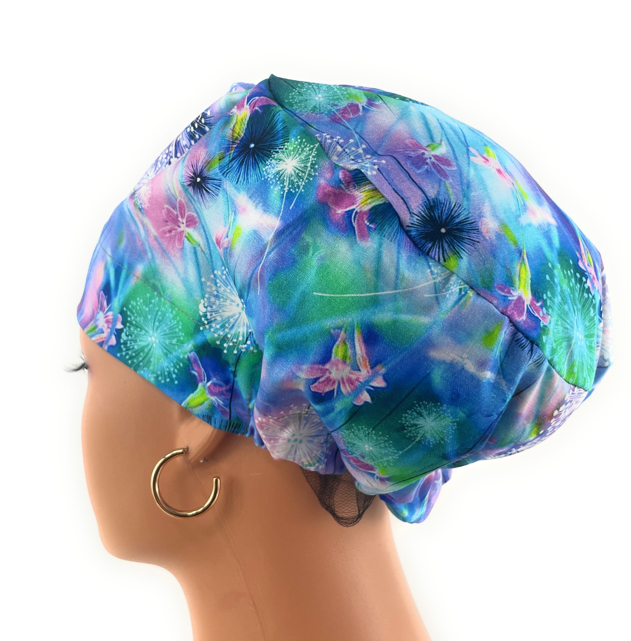 European Style Scrub Cap – (Grosgrain Ribbon) - (No Ribbon) - Blue Neon Floral - Image 19