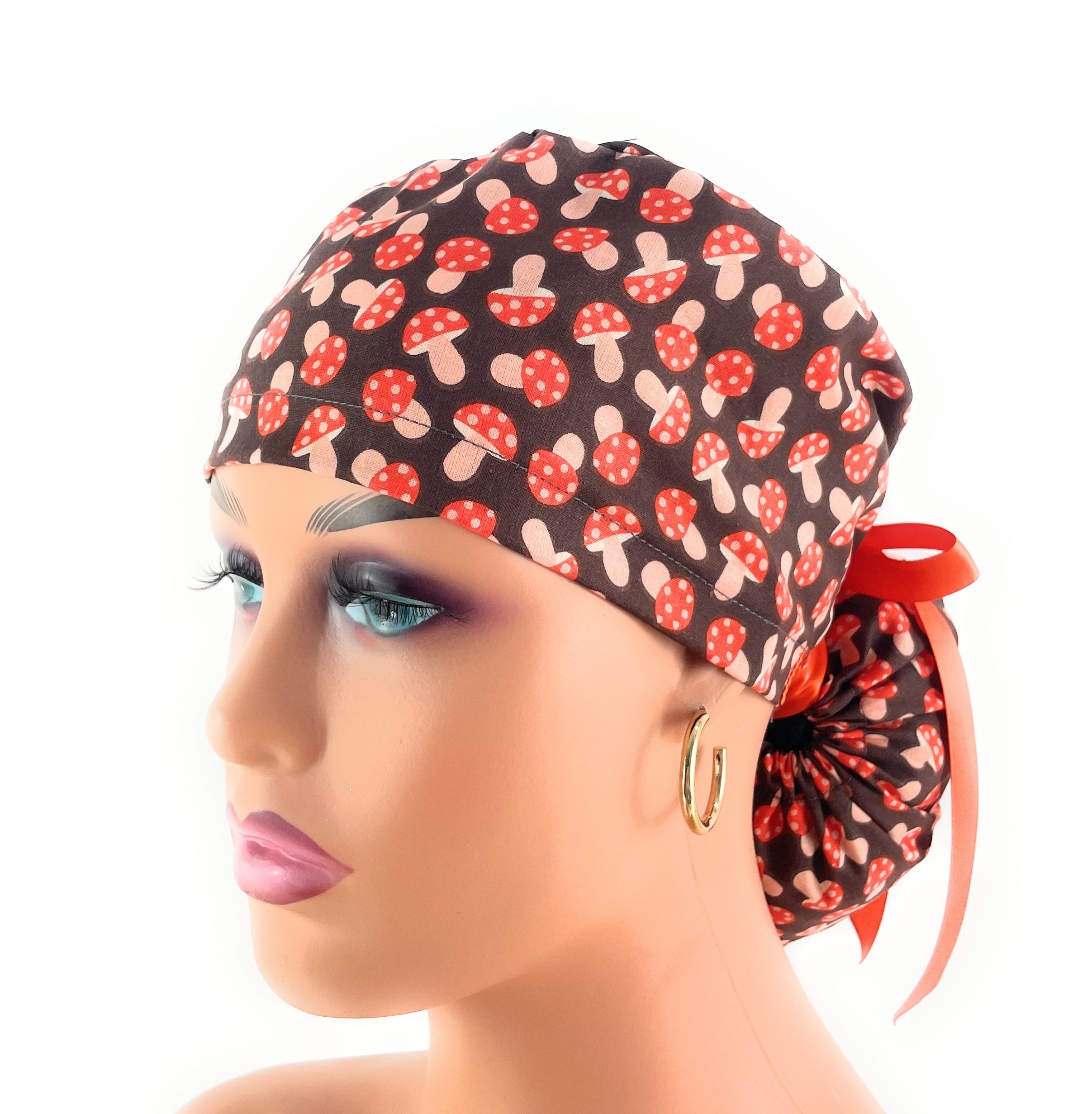 Ponytail Medical Scrub Cap – Spotted Mushrooms - Image 3